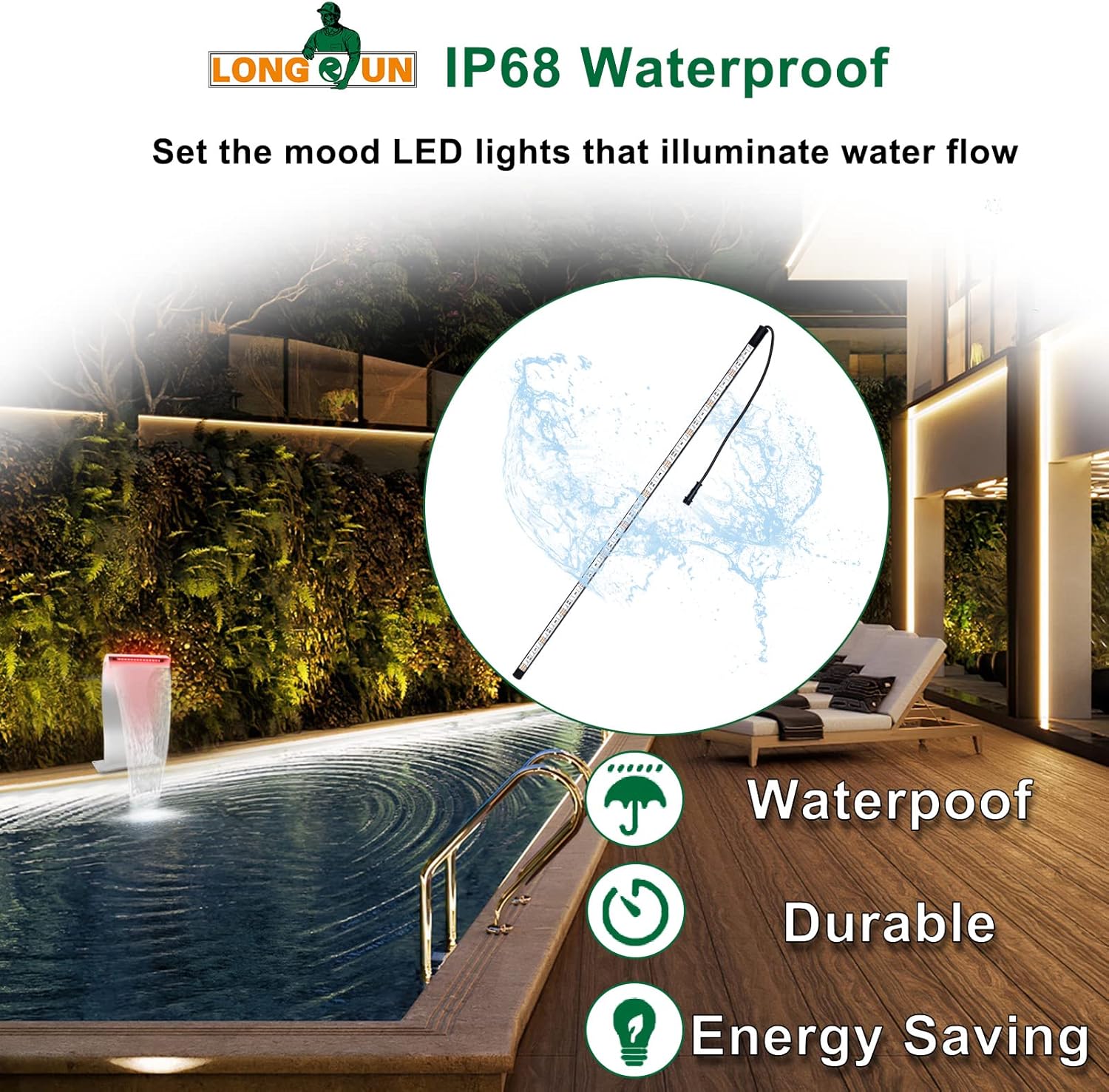 Longrun Tira de luces LED que cambian de color para jardín, cascada, control por aplicación, barra de iluminación impermeable para decoración del