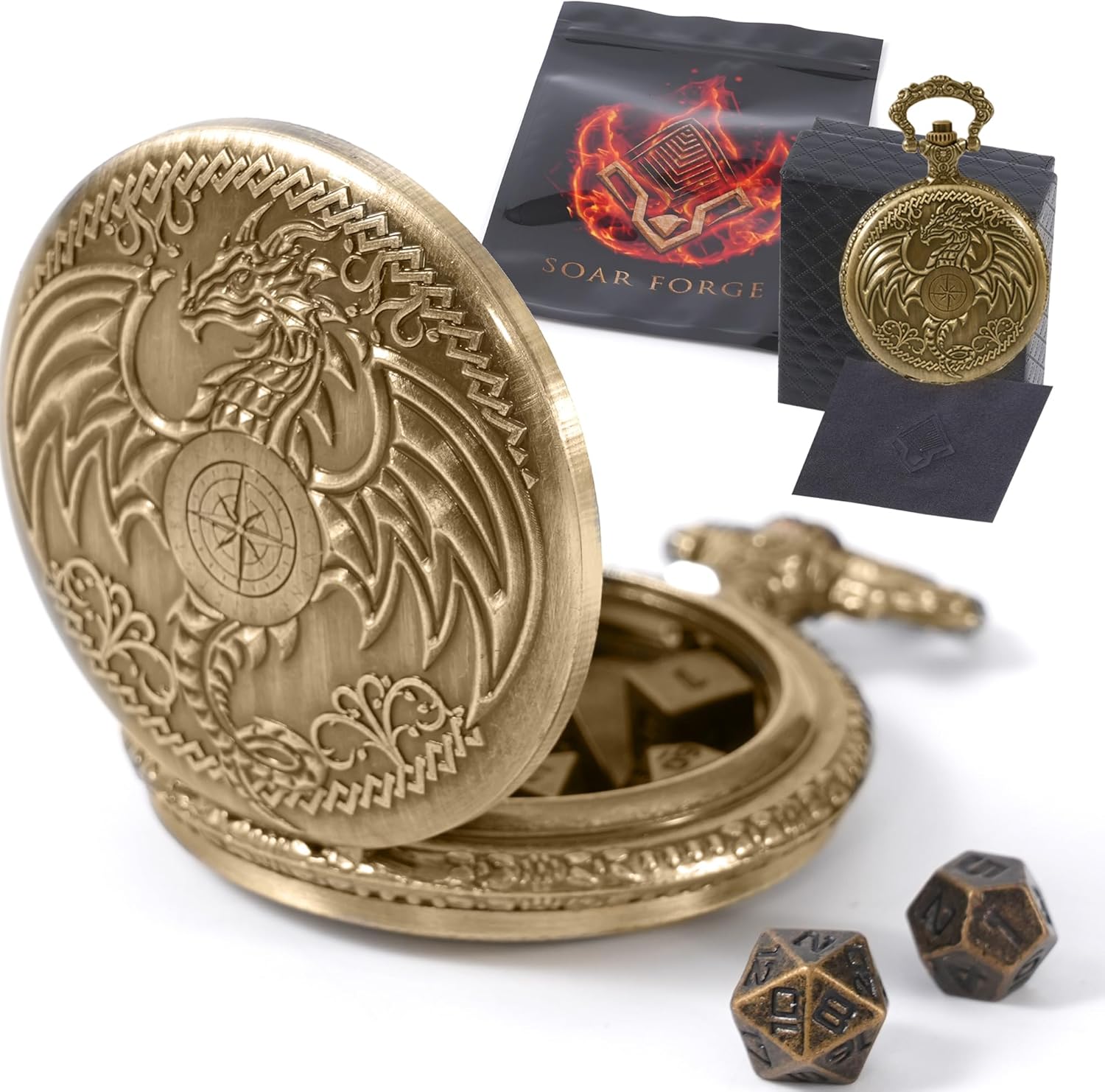 Juego de dados DND de micrometal MiniChrono’s Tiny, Mini Dice in a Dragon-Grabado Pocket Watch Case  Accesorio portátil de Calabozos y Dragones
