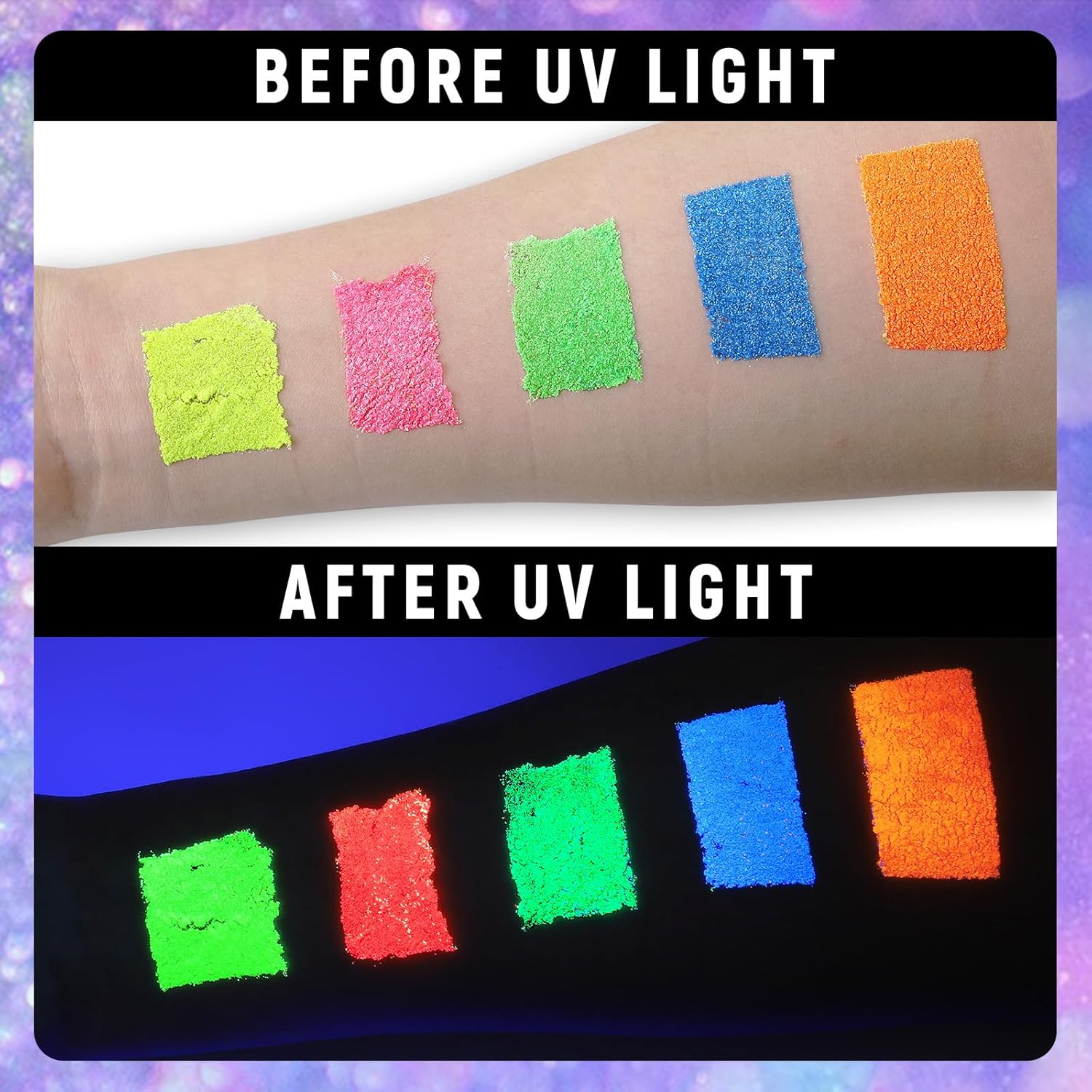 BADCOLOR Paquete de 5 brillos corporales neón UV + kit de pegamento de secado rápido, polvo brillante para cara, cabello, maquillaje de ojos, arte