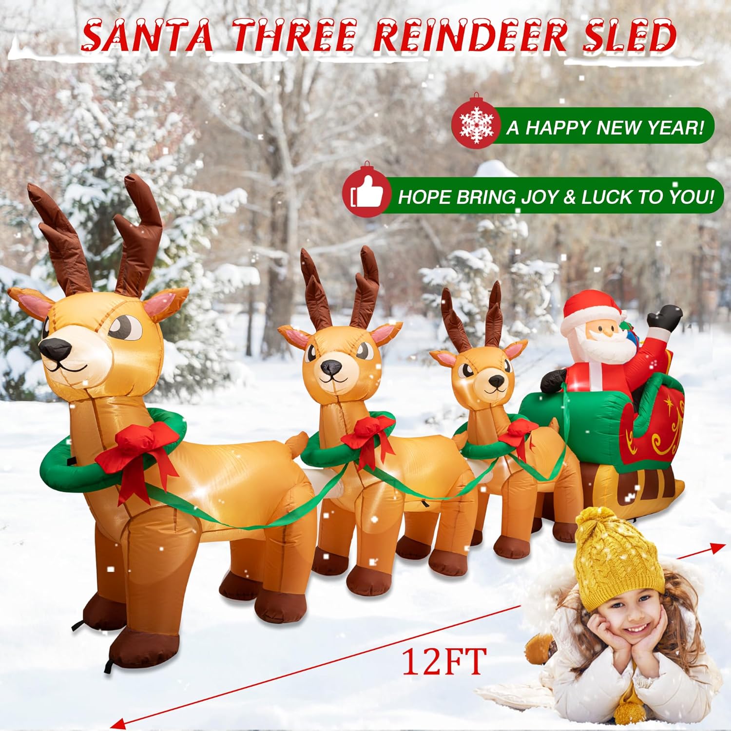 Inflables de Navidad iluminados de 12 pies, Papá Noel en trineo con 3 renos y cajas de regalo, decoraciones inflables gigantes de Navidad, luces LED