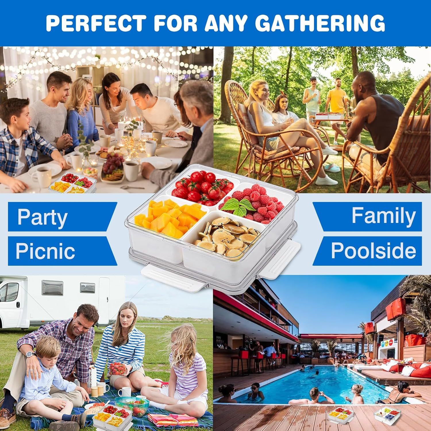 2 Pack Sealed 4 Compartment Snackle Box Container, Divided Food Serving Trays & platters with Lid for Snack, Fruit, Vegetable, Fish, Meat,