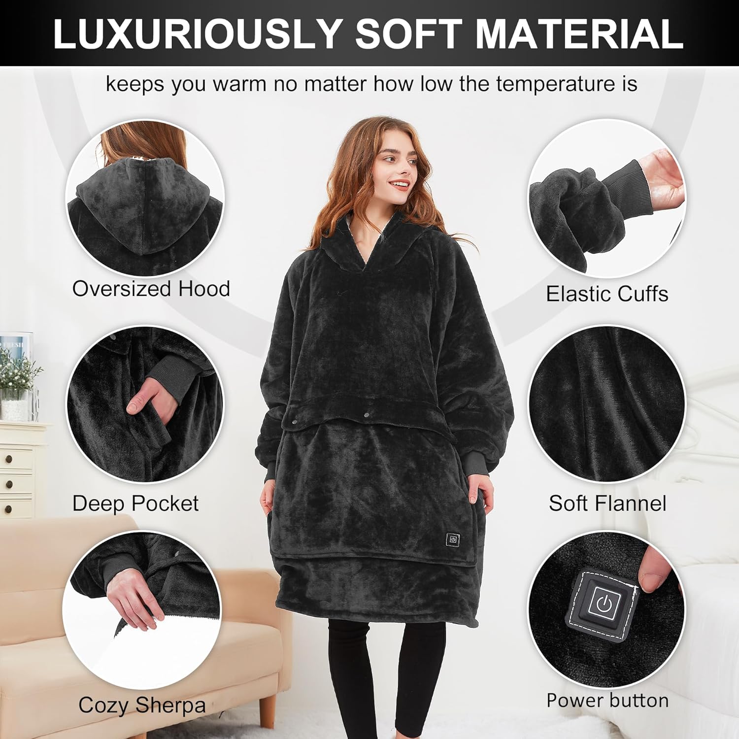 IKER Manta térmica USB, sudadera con capucha de gran tamaño con gran área de calefacción, acogedora manta con capucha Sherpa cálida para mujeres y