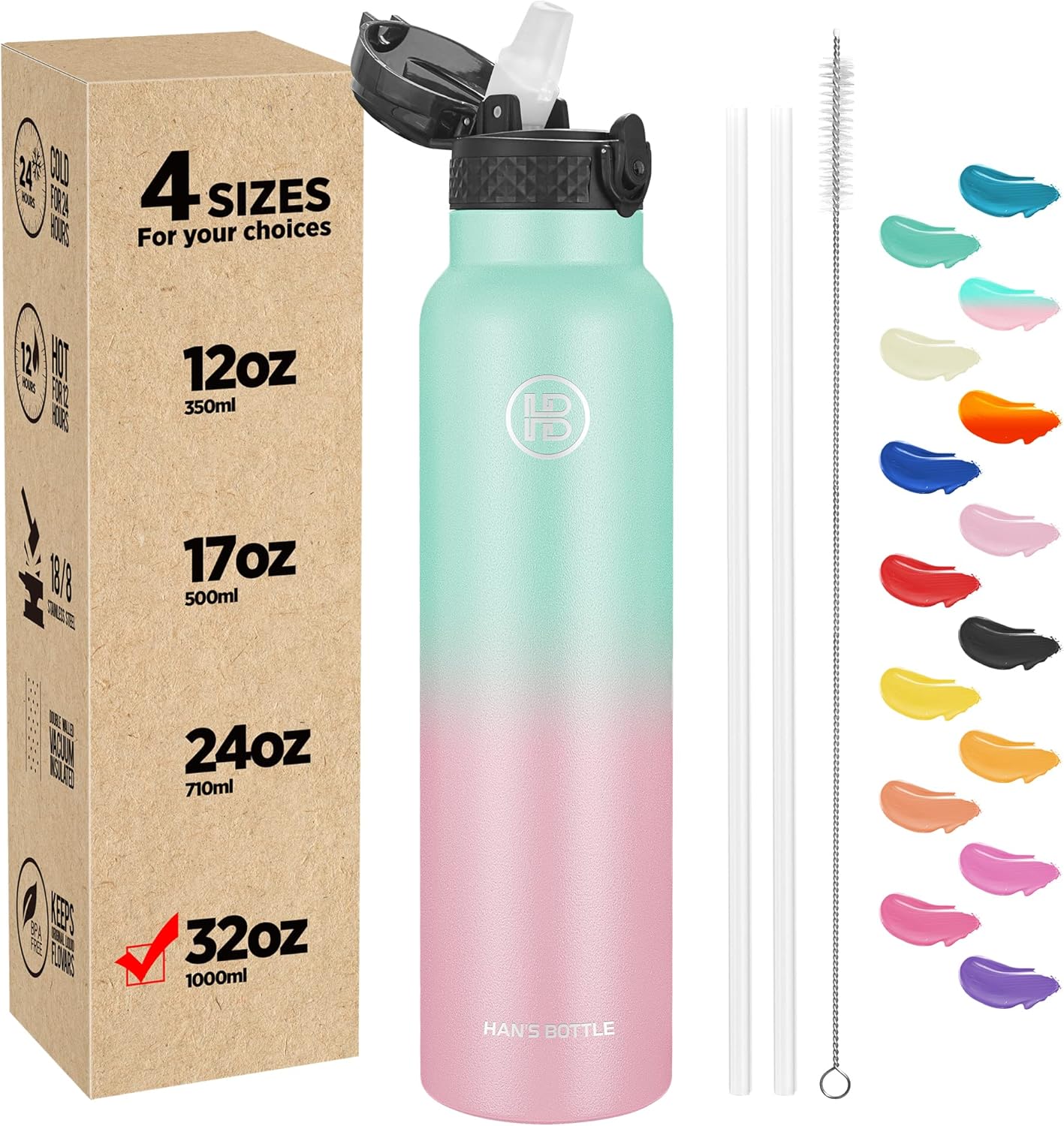 Han’s Bottle Botella de agua deportiva de 32 onzas, tapa con pajilla, a prueba de fugas, acero inoxidable aislado al vacío, doble pared, taza