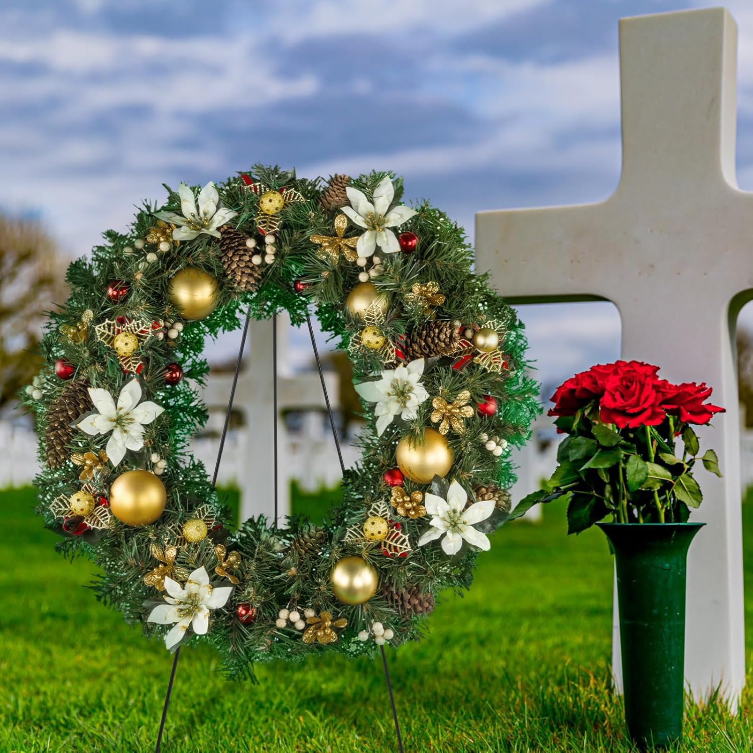 Soaoo Paquete de 2 soportes de corona de Navidad, caballete de metal para cementerio, tumba, soporte de corona de lápida para lápida, decoración de