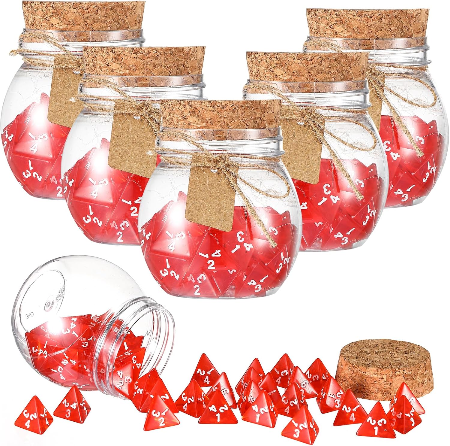 Wettarn 120 dados D4 transparentes rojos D4, 6 piezas de botella de poción de plástico con tapas de corcho, juego de dados poliédricos para