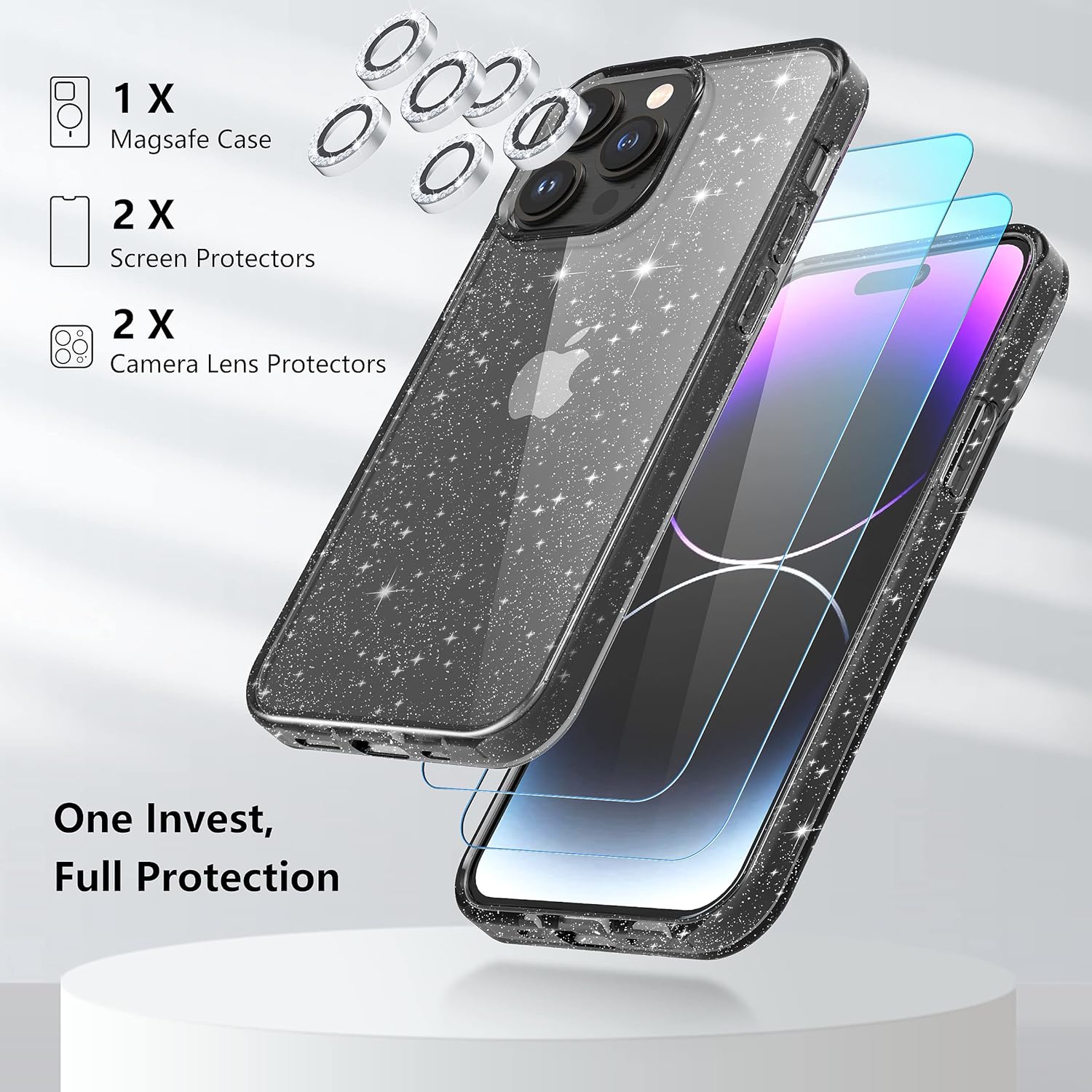 Diseño de funda con purpurina para iPhone 14 Pro con 2 unidades protector de pantalla y paquete de 3 protector de lente de cámara, funda de