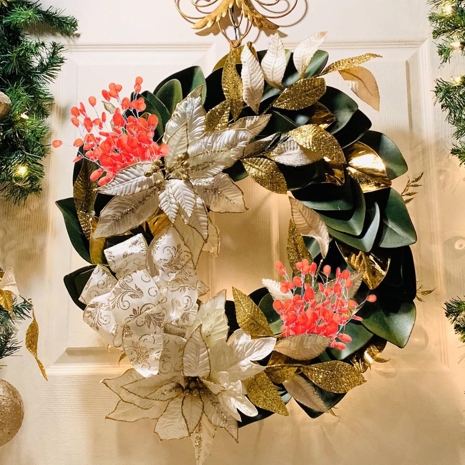 Abaodam 100 piezas de esquejes de árbol de Navidad, coronas de Navidad, palitos artificiales de flores con cuentas florales, tallos de flores de
