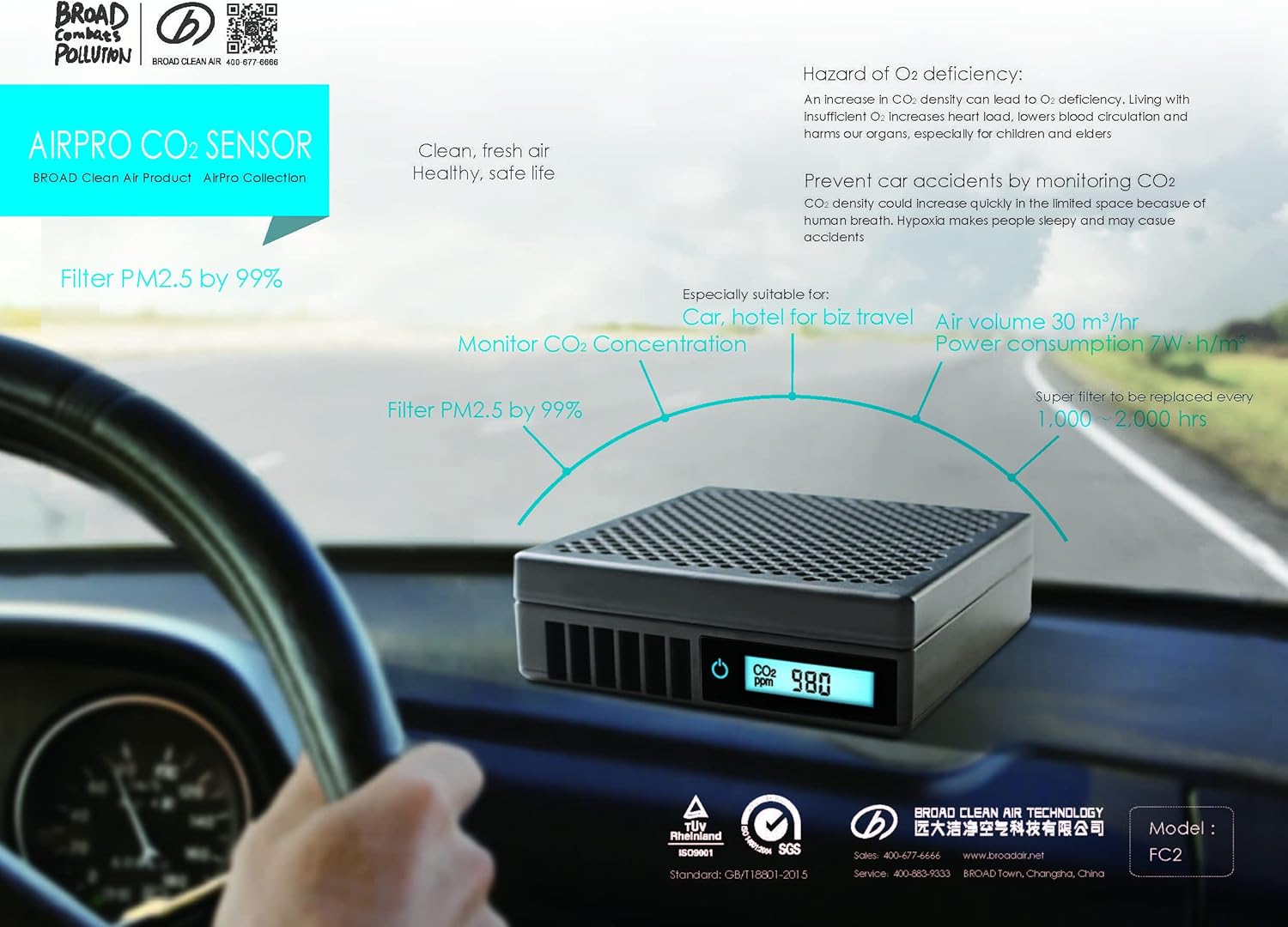 BROAD Purificador de aire para coche, verdadero filtro HEPA H13 purificador de aire pequeño con monitoreo de concentración de CO2 y función de