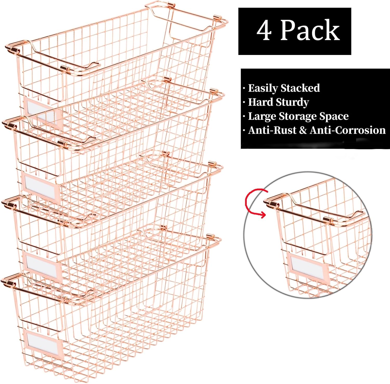 Paquete de 4 cestas apilables de almacenamiento de alambre con asas, para cocina, baño, armarios, armarios, encimeras, contenedores organizadores