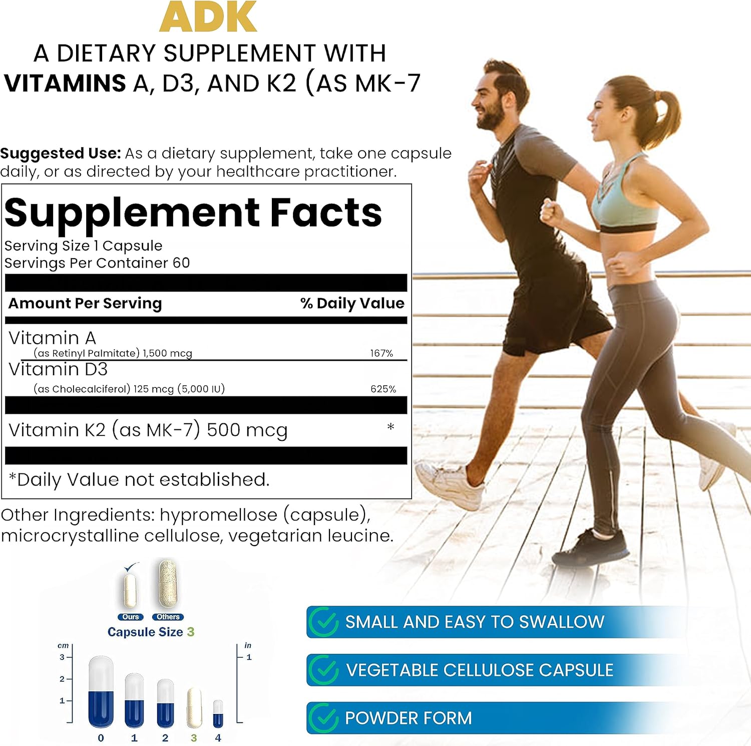 ADK – Suplemento dietético para apoyar la estructura ósea, la salud del corazón y la función inmunológica – con vitamina A, vitamina D3 5,000 UI y