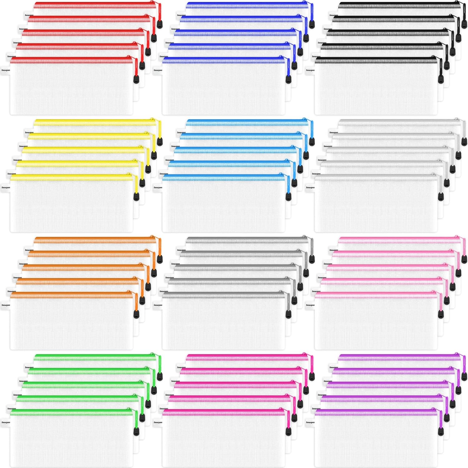 Smarpau 60 bolsas para lápices, 12 colores de 9.3 x 4.7 pulgadas, pequeñas bolsas de malla con cremallera, estuche transparente para lápices, bolsas