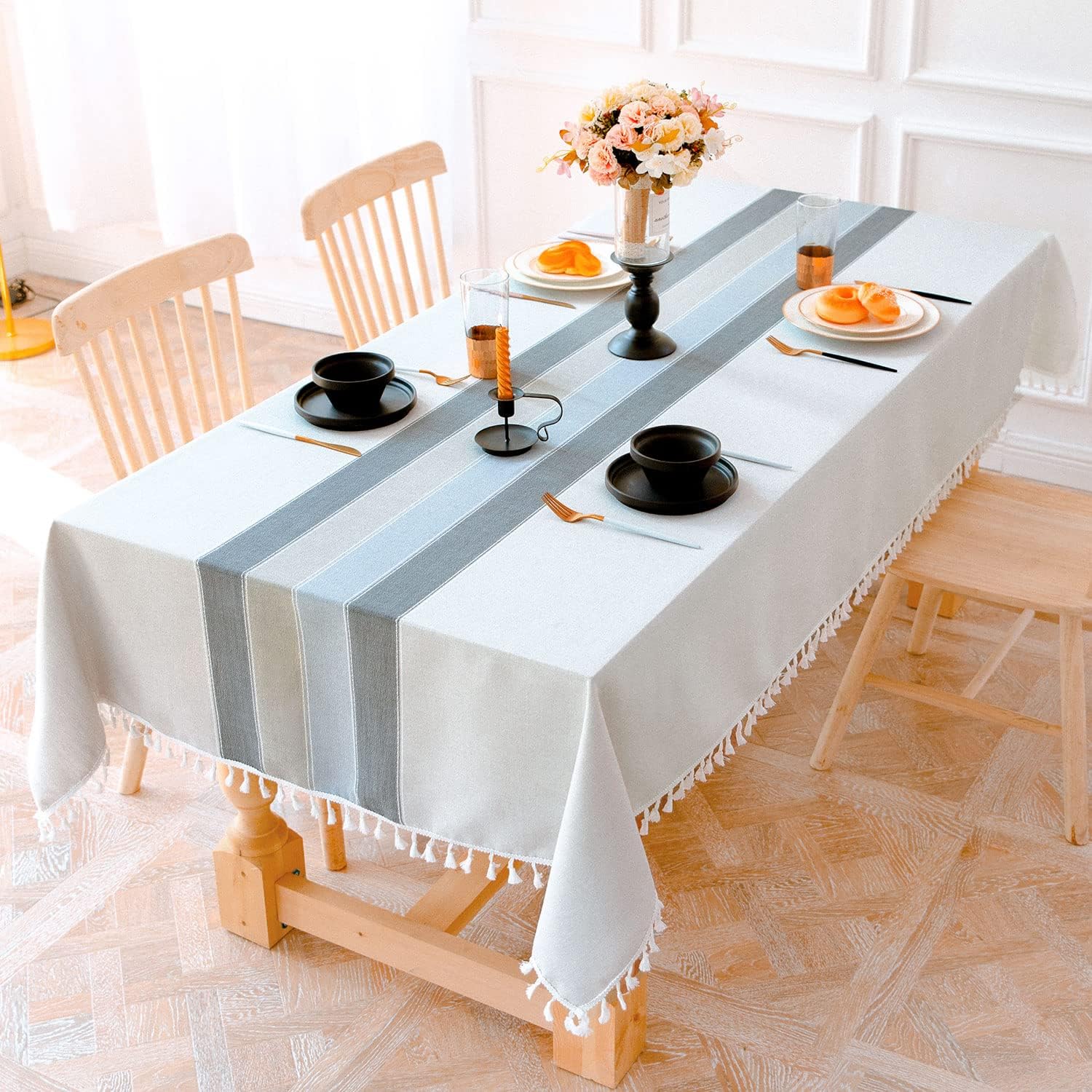 BESBESME Mantel de lino rústico estilo bohemio, mantel a rayas para mesas cuadradas, lavable y resistente a las arrugas (55 x 55 pulgadas, 4