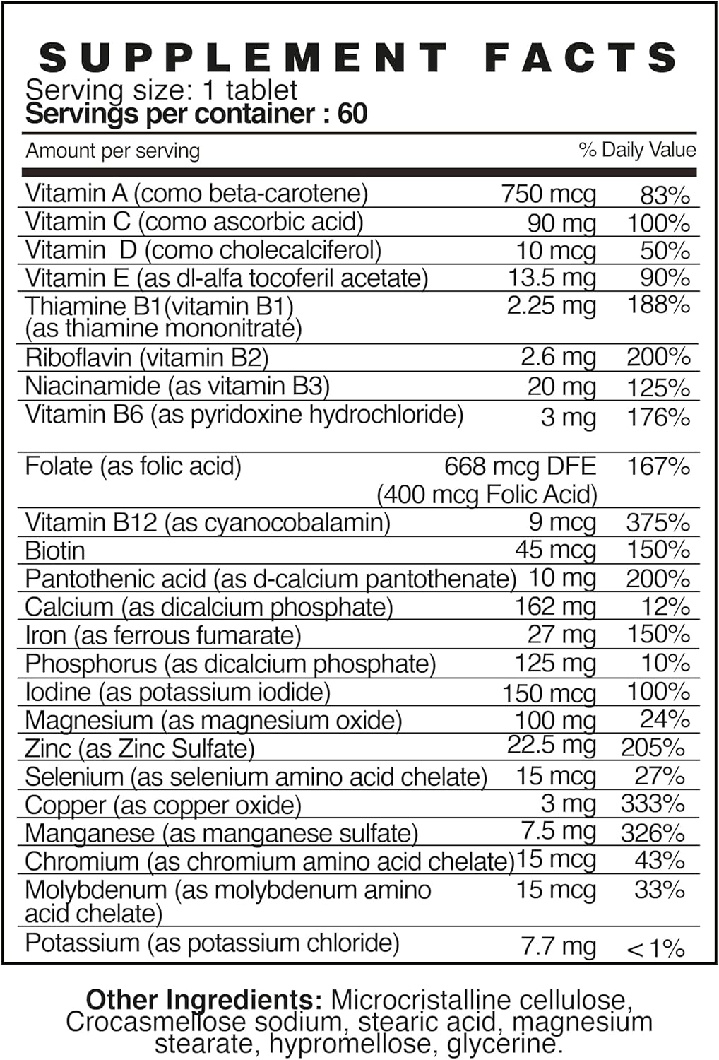 multivitamínico, vitamina A, vitamina C, vitamina D, vitamina E, vitamina B12, vitamina B6, calcio, zinc, fósforo, potasio, hierro, minerales,