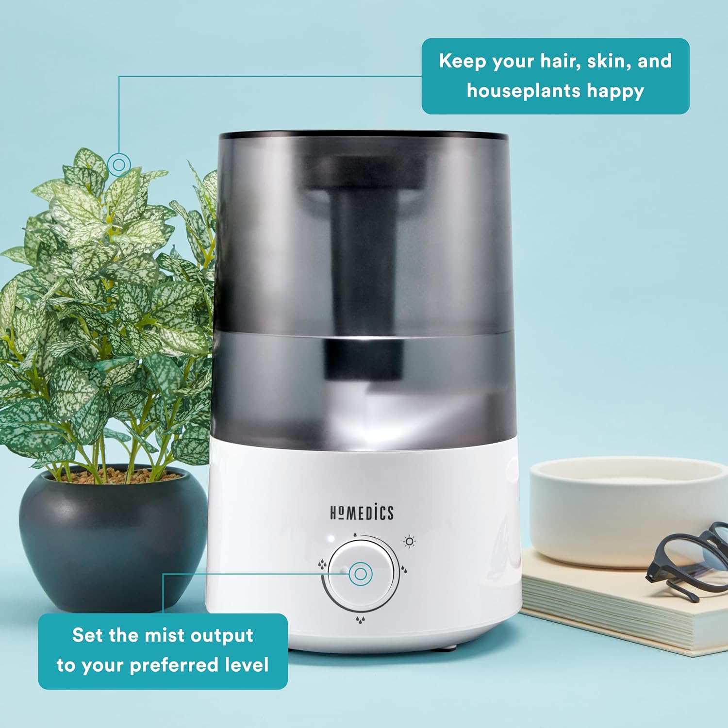 Homedics TotalComfort Humidificador ultrasónico  Humidificadores de aire grandes para dormitorio, plantas, tanque de agua de 0.85 galones de llenado