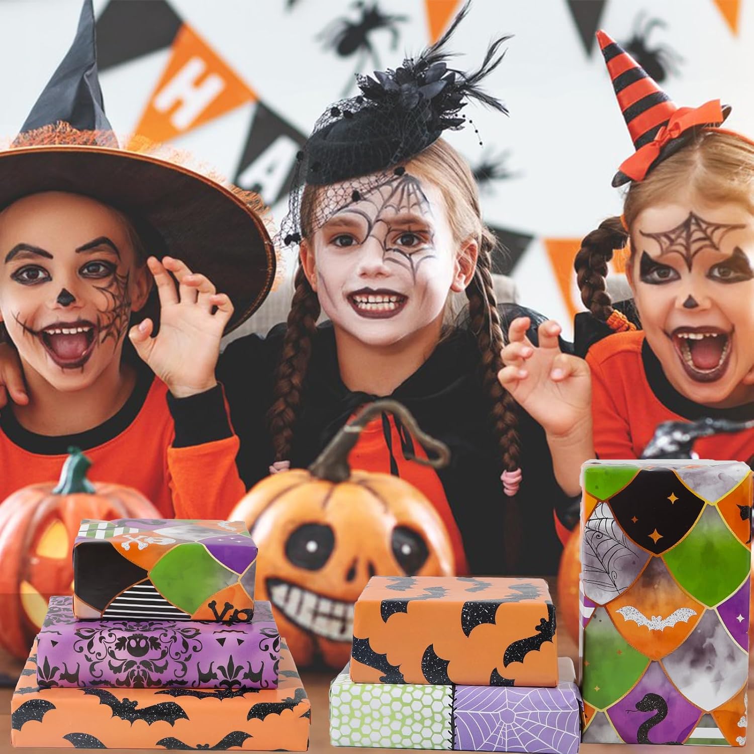 Dtiafu Papel de regalo de Halloween para niños, niñas, mujeres, hombres y niños, 10 hojas de papel de regalo de fantasma gótico con patrones de