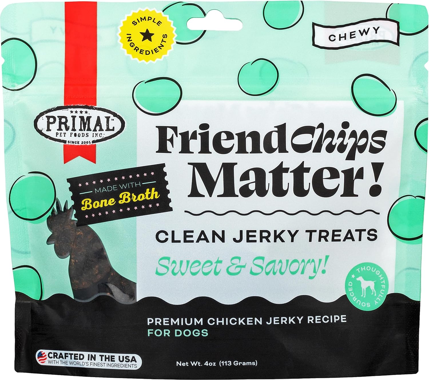 Primal Chicken Jerky – Golosinas para perros hechas con caldo de hueso de pollo, golosinas masticables FriendChips Matter para perros, 4 onzas