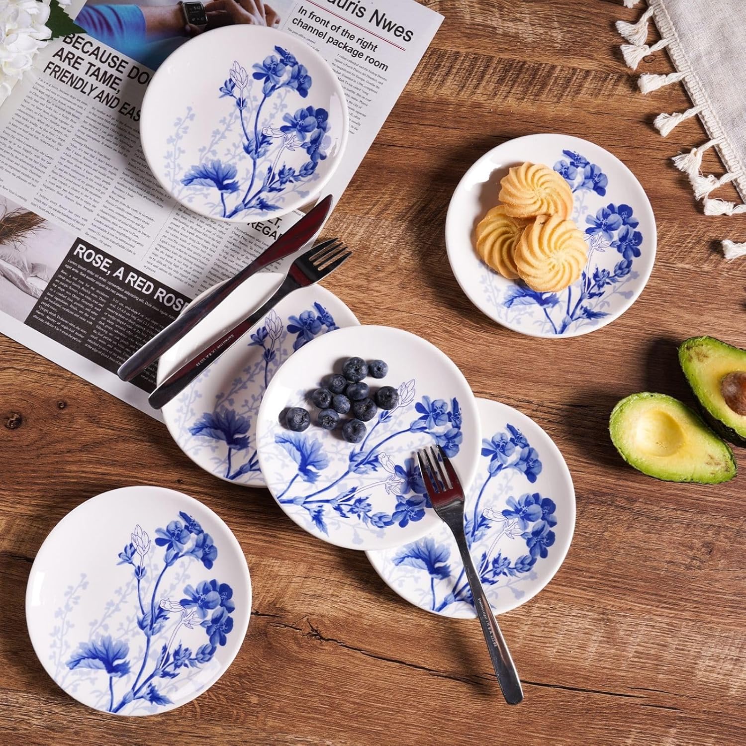 Sonemone Ink Flower – Juego de 6 platos de postre pequeños de 6 pulgadas, para pasteles, aperitivos, helado, guarniciones, cerámica, microondas y