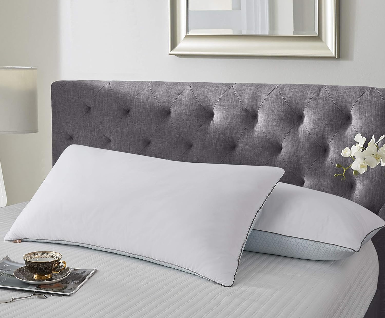 kathy ireland Almohadas de cama de plumas de ganso blanco de 233 hilos para verano, invierno (2 unidades), tamaño King