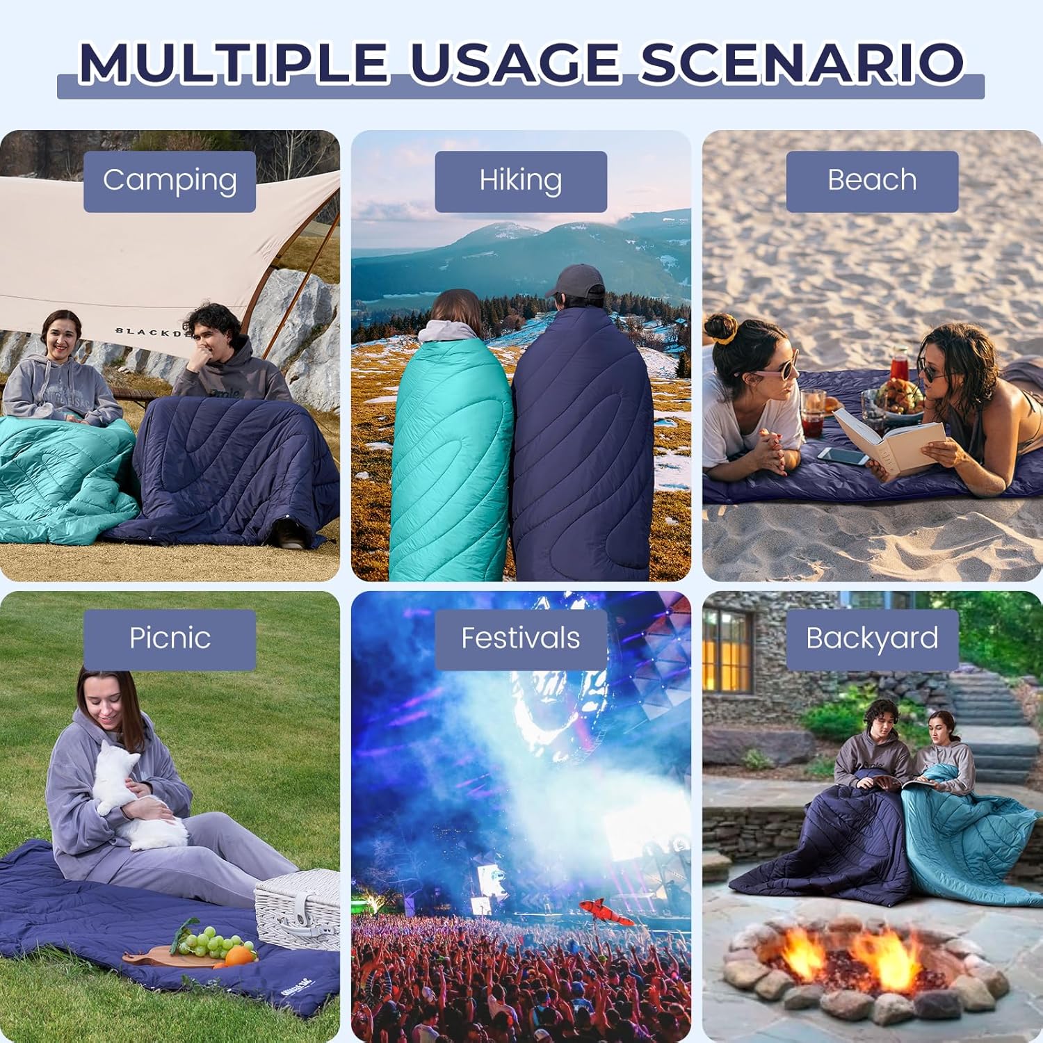 Snuggle Sac Manta de campamento para exteriores, plegable, impermeable, cálida, para senderismo, estadio, ligera, compacta, para viajes, playa,