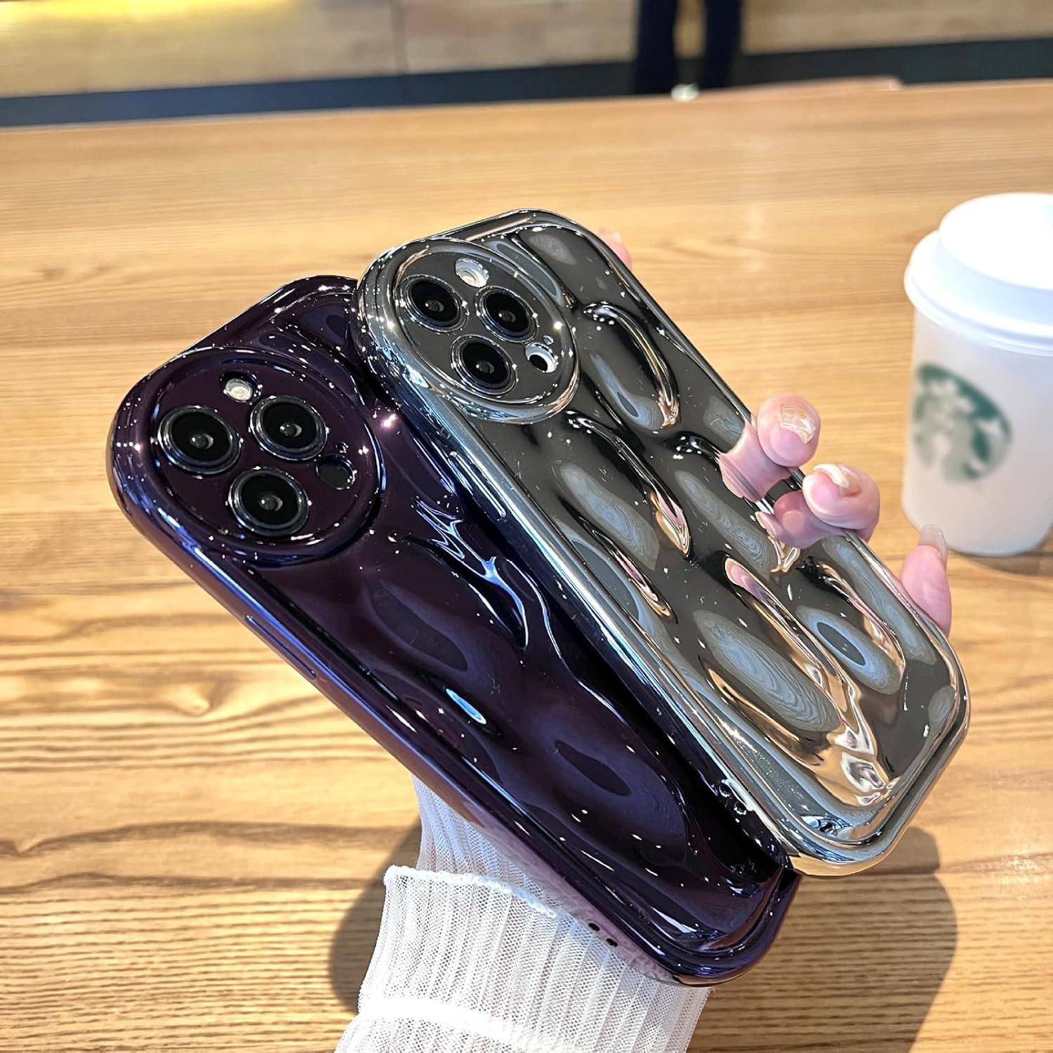 Uioeua – Funda compatible con iPhone 13 Pro Max 3D, bonita funda de lujo con forma de onda con purpurina láser con protector completo de lente de