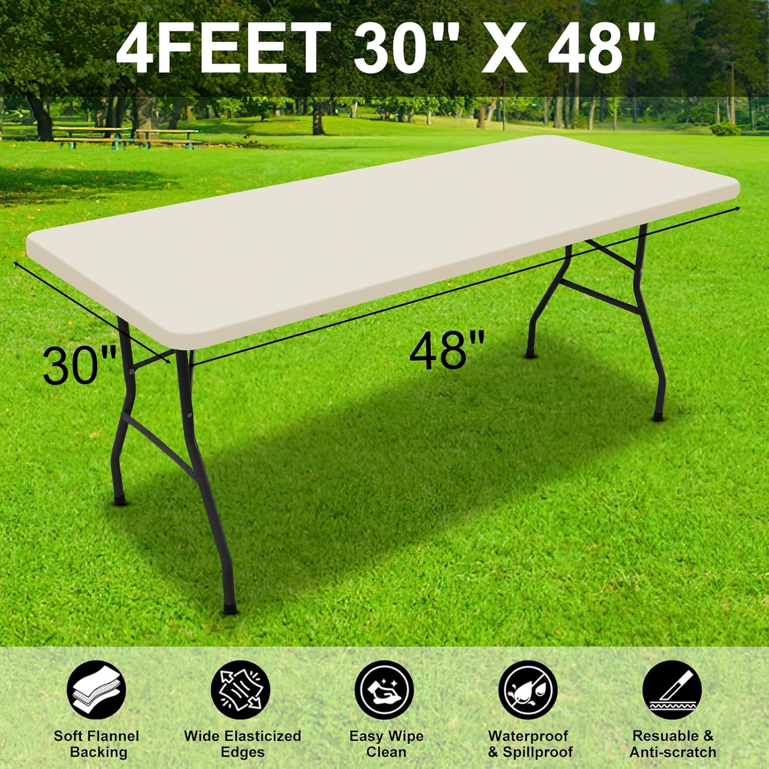 smiry Mantel rectangular, mantel de vinilo elástico ajustable con parte trasera de franela para mesas plegables de 4 pies, fundas impermeables y
