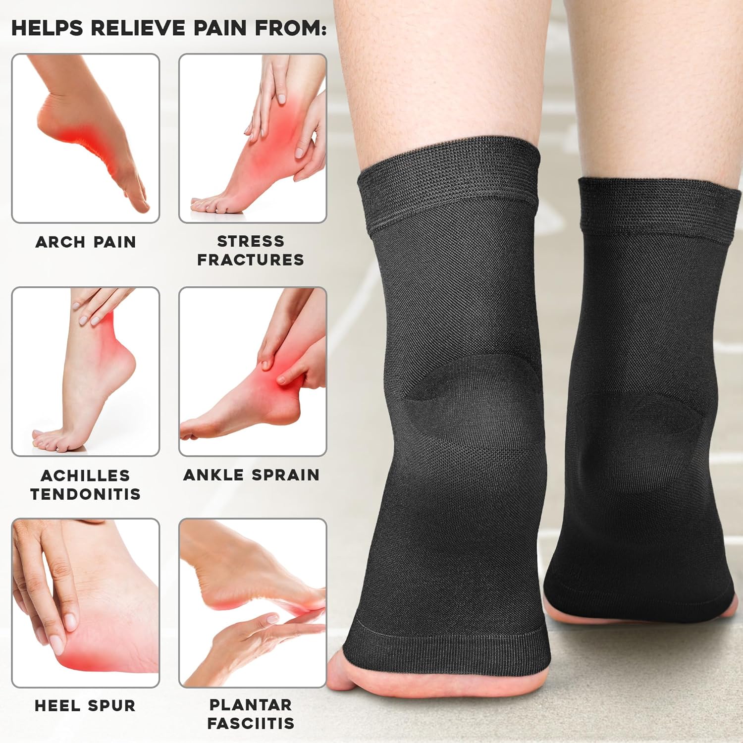 Calcetines de compresión de tobillo (XXL, negro), tobillera eficaz con compresión de 20-30 mmHg para aliviar el dolor de pies, manga de soporte de
