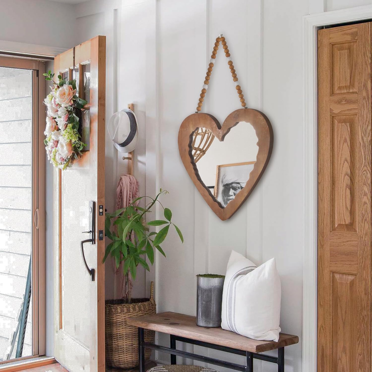 Espejo de corazón con cadena de cuentas para decoración de pared, espejo colgante en forma de corazón de madera, hermoso espejo decorativo rústico