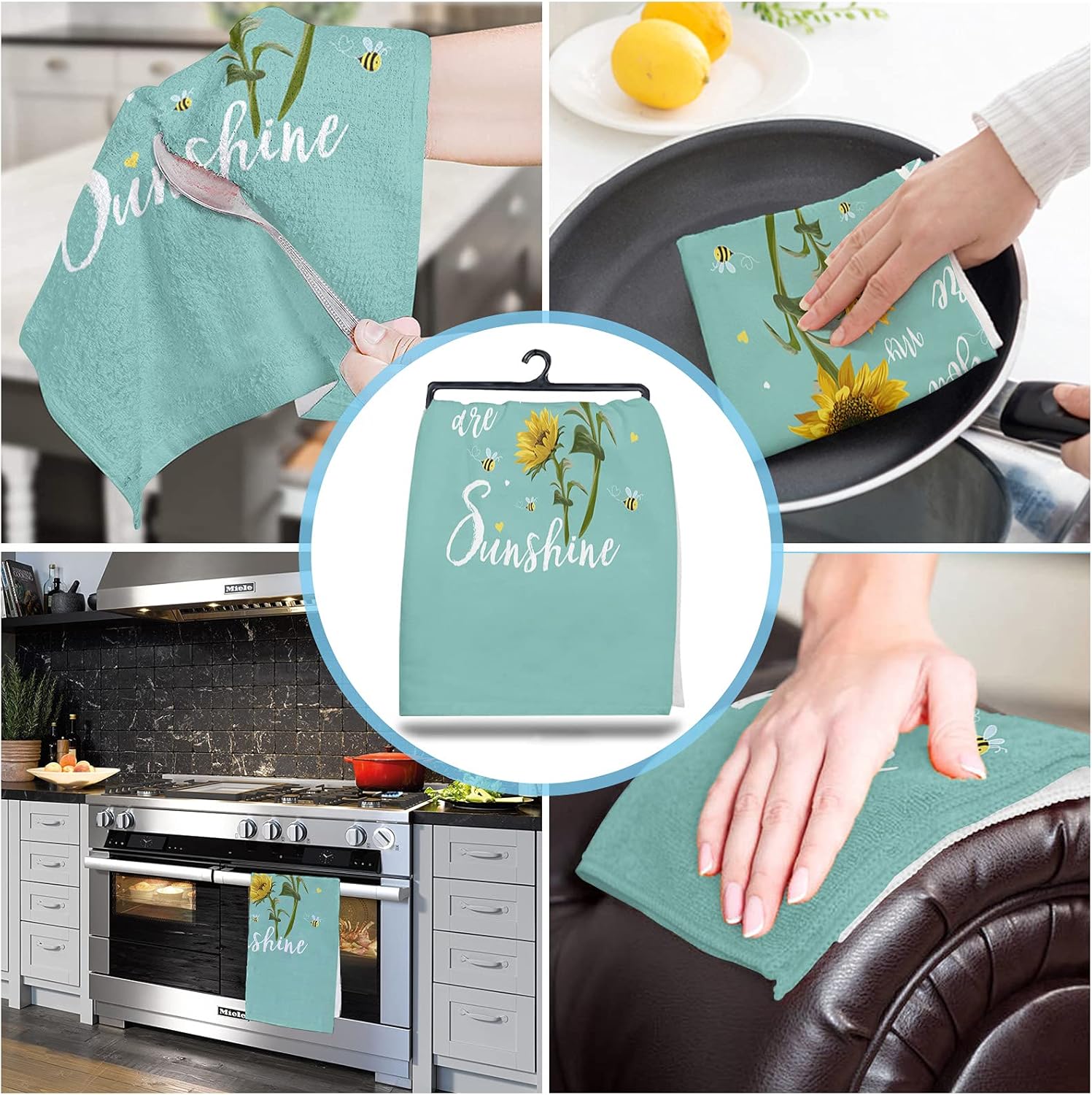 Infinidesign Sunshine You are My – Toallas colgantes de girasol para cocina, color verde azulado, absorbentes, toallas de mano de cocina de secado