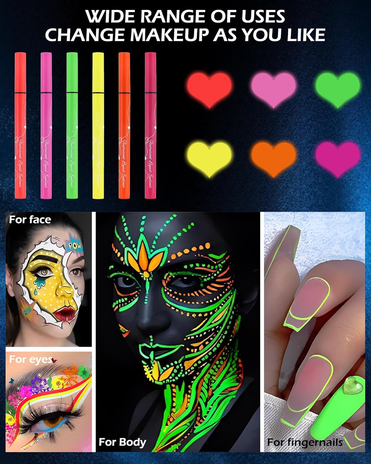 Juego de delineador líquido de neón con brillo UV, 6 colores mate, delineador de ojos de arcoíris mate, delineador de ojos neón luminoso de colores,