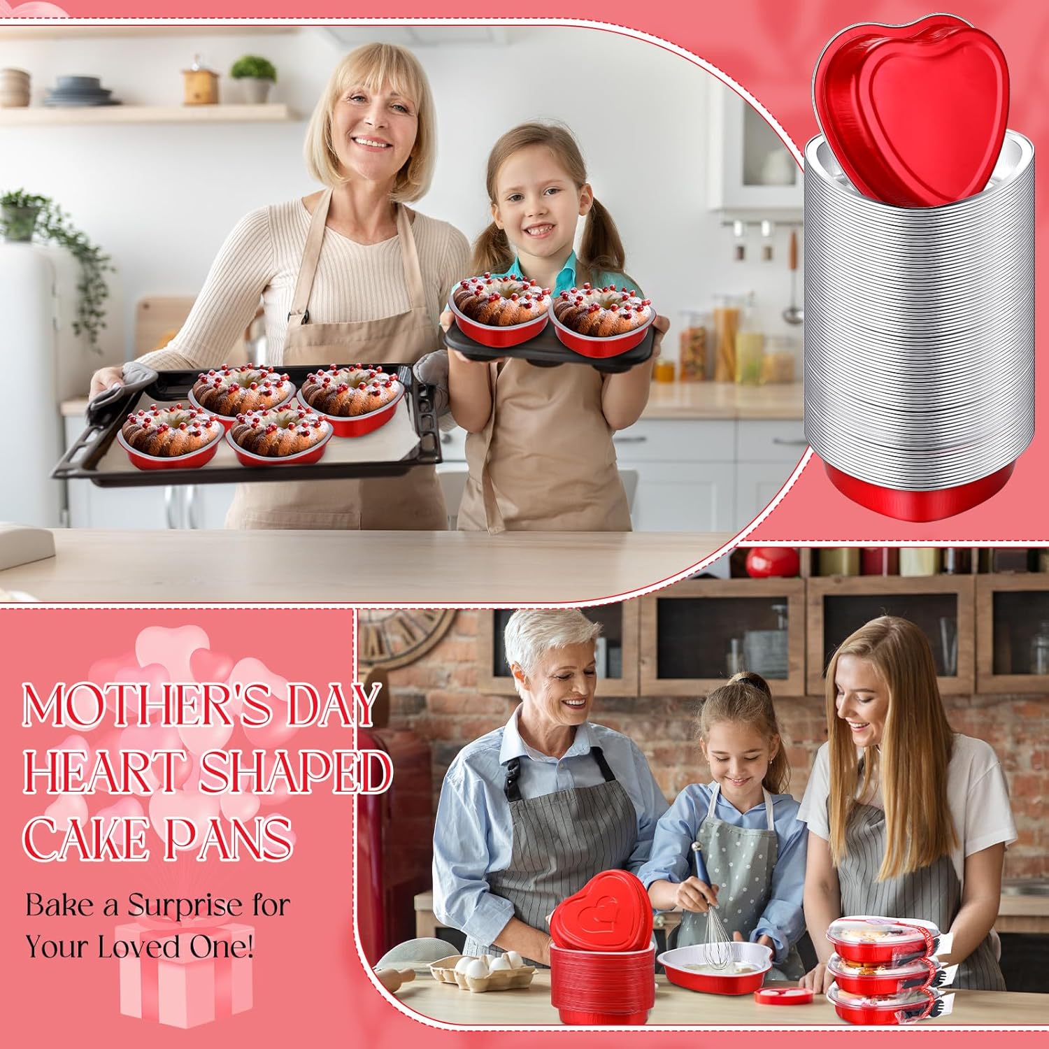 Yinkin 25 moldes de papel de aluminio con forma de corazón de 22 onzas para cupcakes con tapas y cucharas, moldes desechables para tartas, moldes