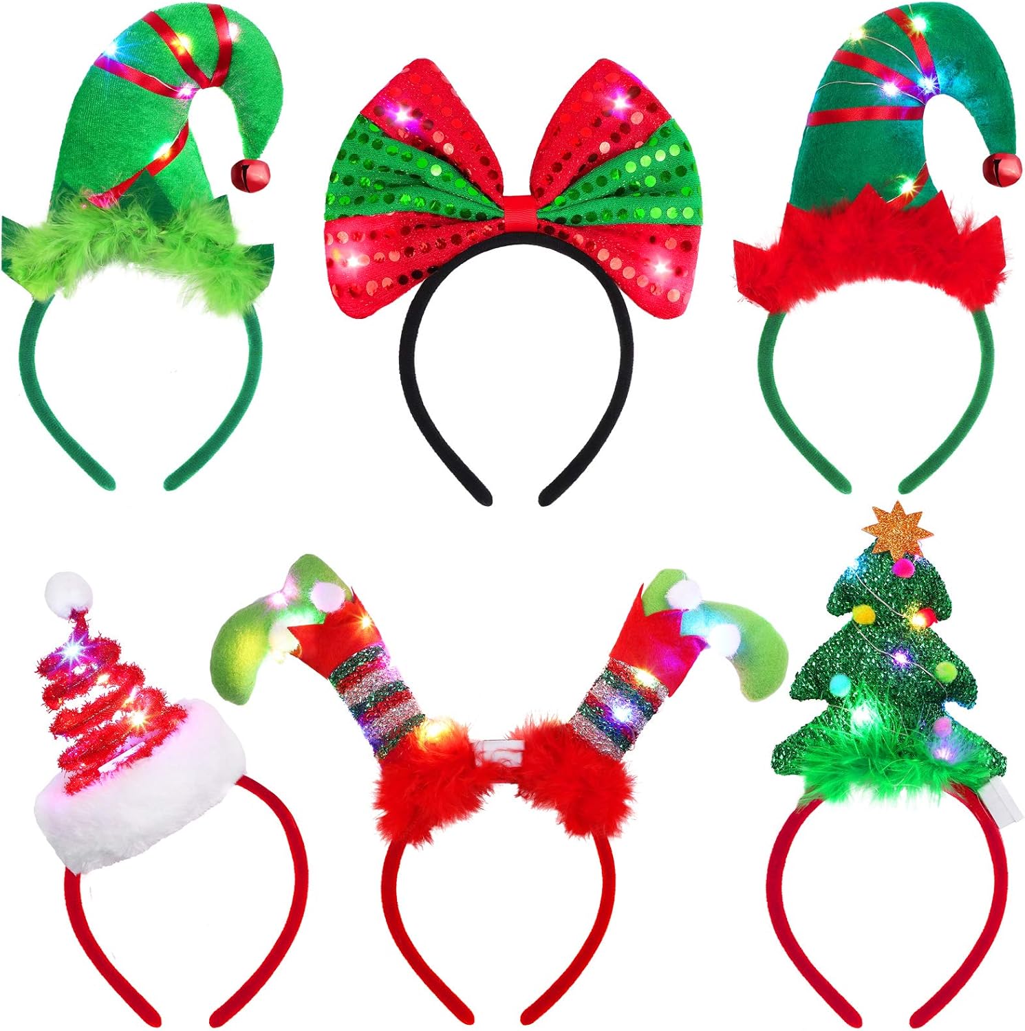 ELCOHO Paquete de 6 diademas LED de Navidad con luz para disfraz de reno, lazo de Navidad, disfraz de elfo, bandas para el pelo para fiestas de