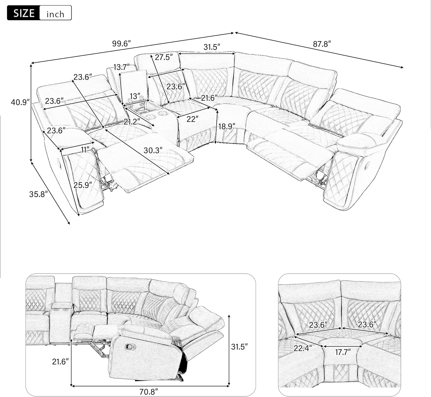 Juego de sofá seccional simétrico de PU, moderno, almacenamiento oculto, sofá esquinero reclinable manual con consola central y portavasos para sala