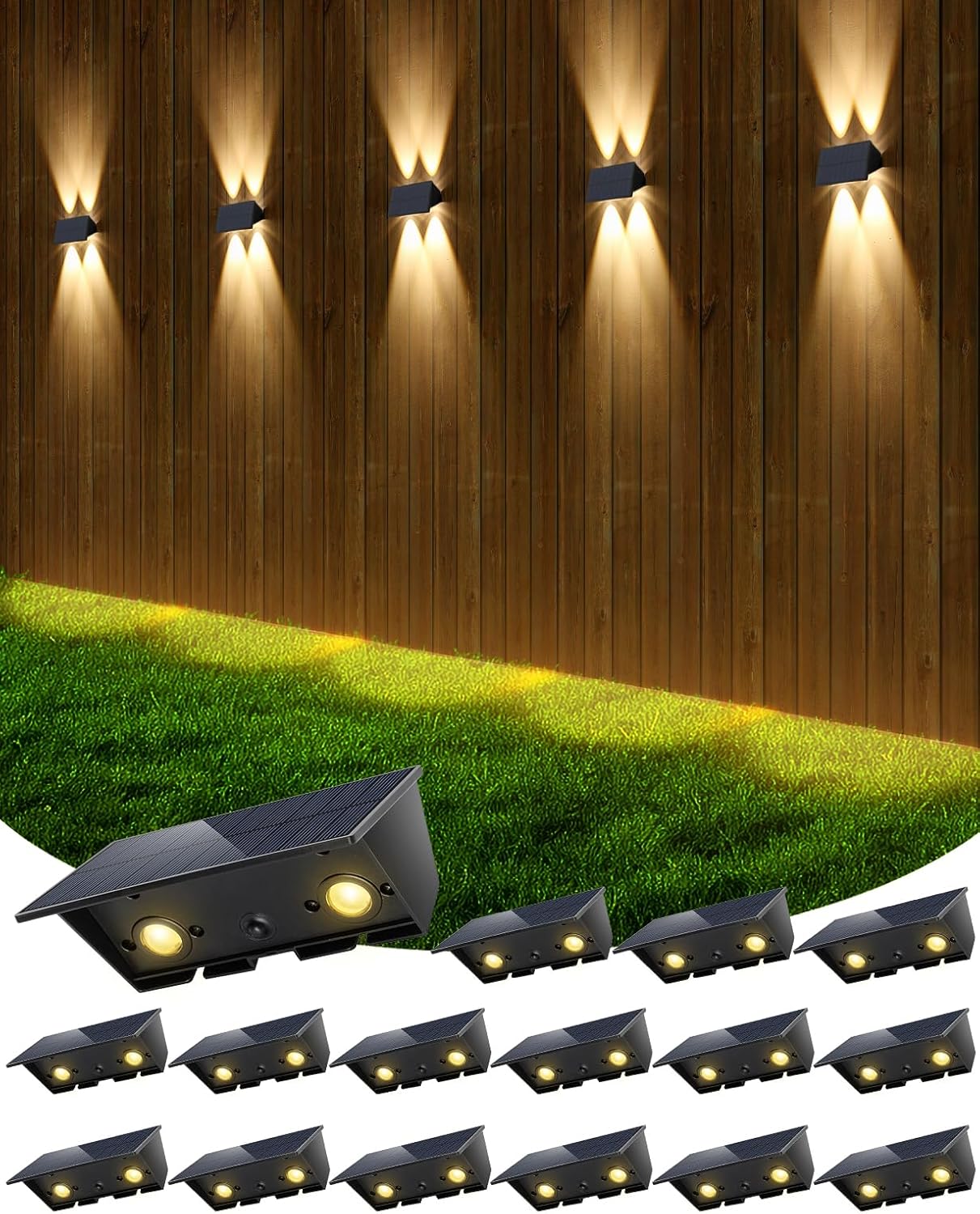 Luces solares impermeables para exteriores, 4 luces LED solares para valla, color blanco cálido, luces solares de pared de atardecer a amanecer,