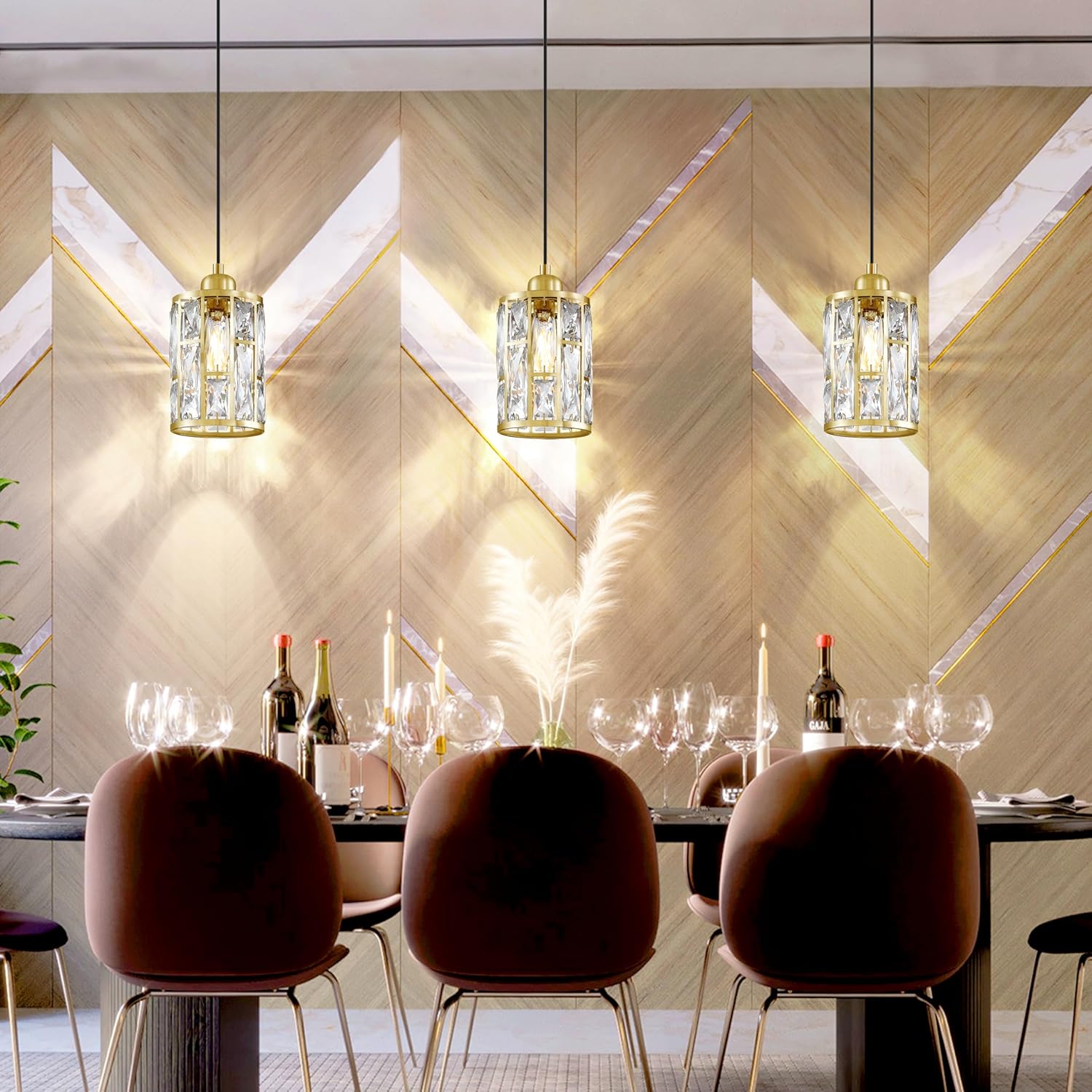 Paquete de 3 colgantes de isla de cocina con pantalla de cristal de 5.4 pulgadas, acabado dorado claro, moderno con pantalla de metal de cristal