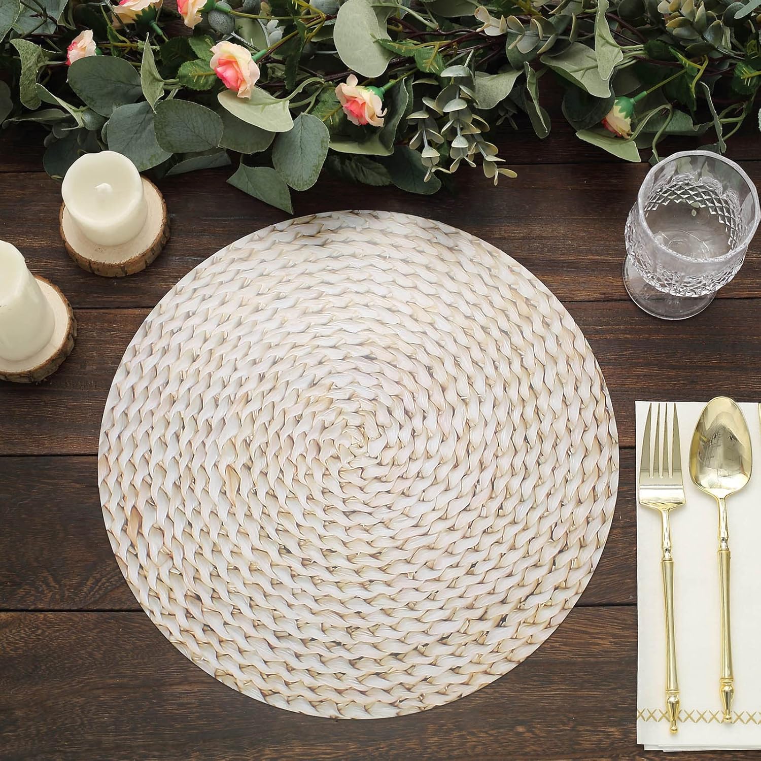 TABLECLOTHSFACTORY – Paquete de 6 bandejas desechables con diseño de ratán tejido de trigo de 13 pulgadas, platos de carga de papel redondos