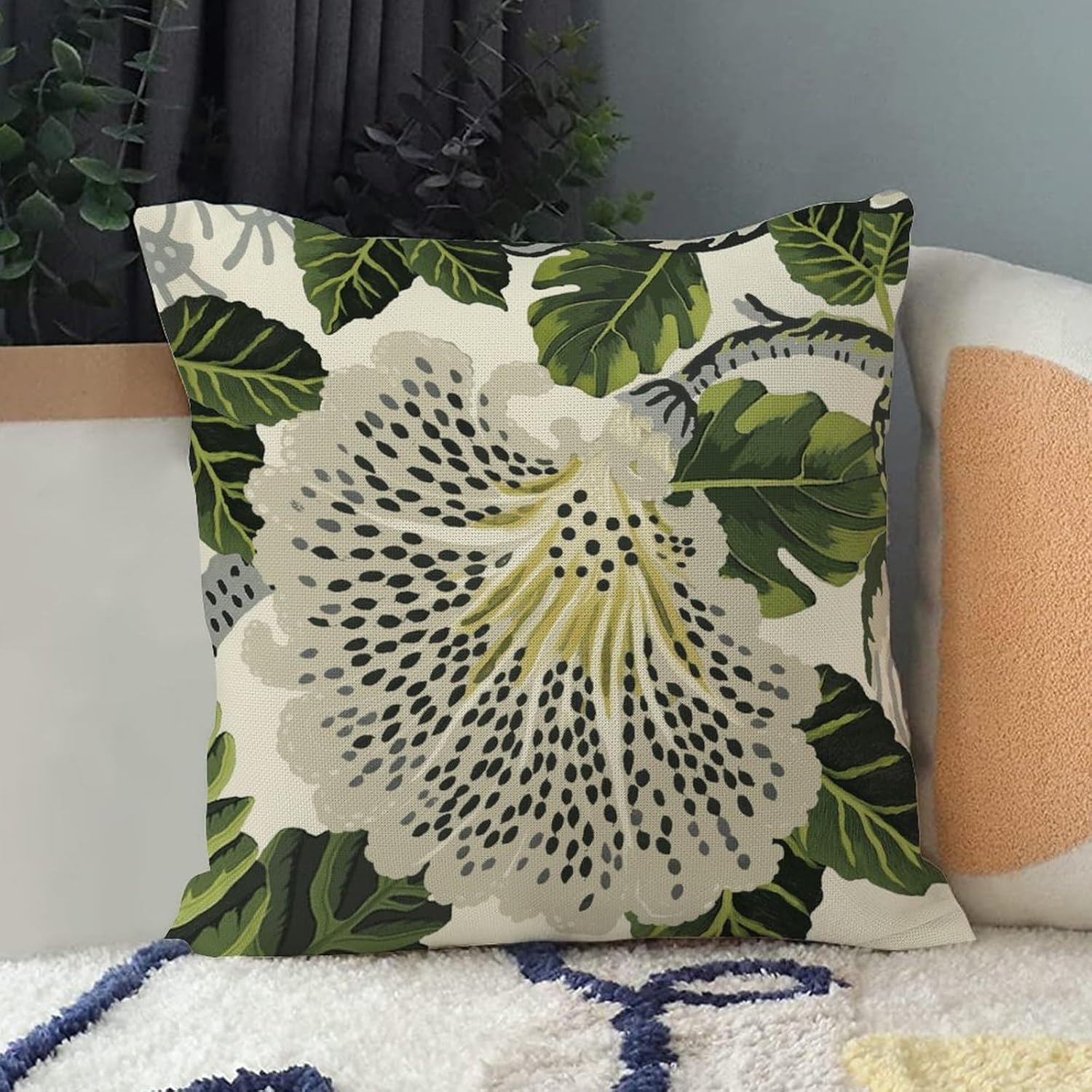 Funda de cojín de lino de estilo chinoiserie verde turquesa con cremallera de 18 x 18 pulgadas, fundas de almohada para sala de estar, dormitorio,