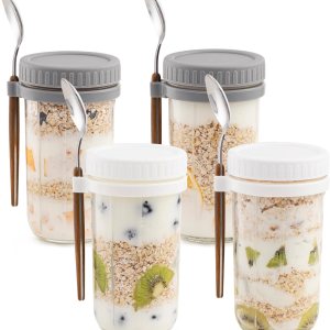 Paquete de 4 recipientes de avena con tapas herméticas y cucharas, tarros de vidrio de 21 onzas con marcas de medición, tarros de avena para Paquete de 4 recipientes de avena con tapas herméticas y cucharas, tarros de vidrio de 21 onzas con marcas de medición, tarros de avena para