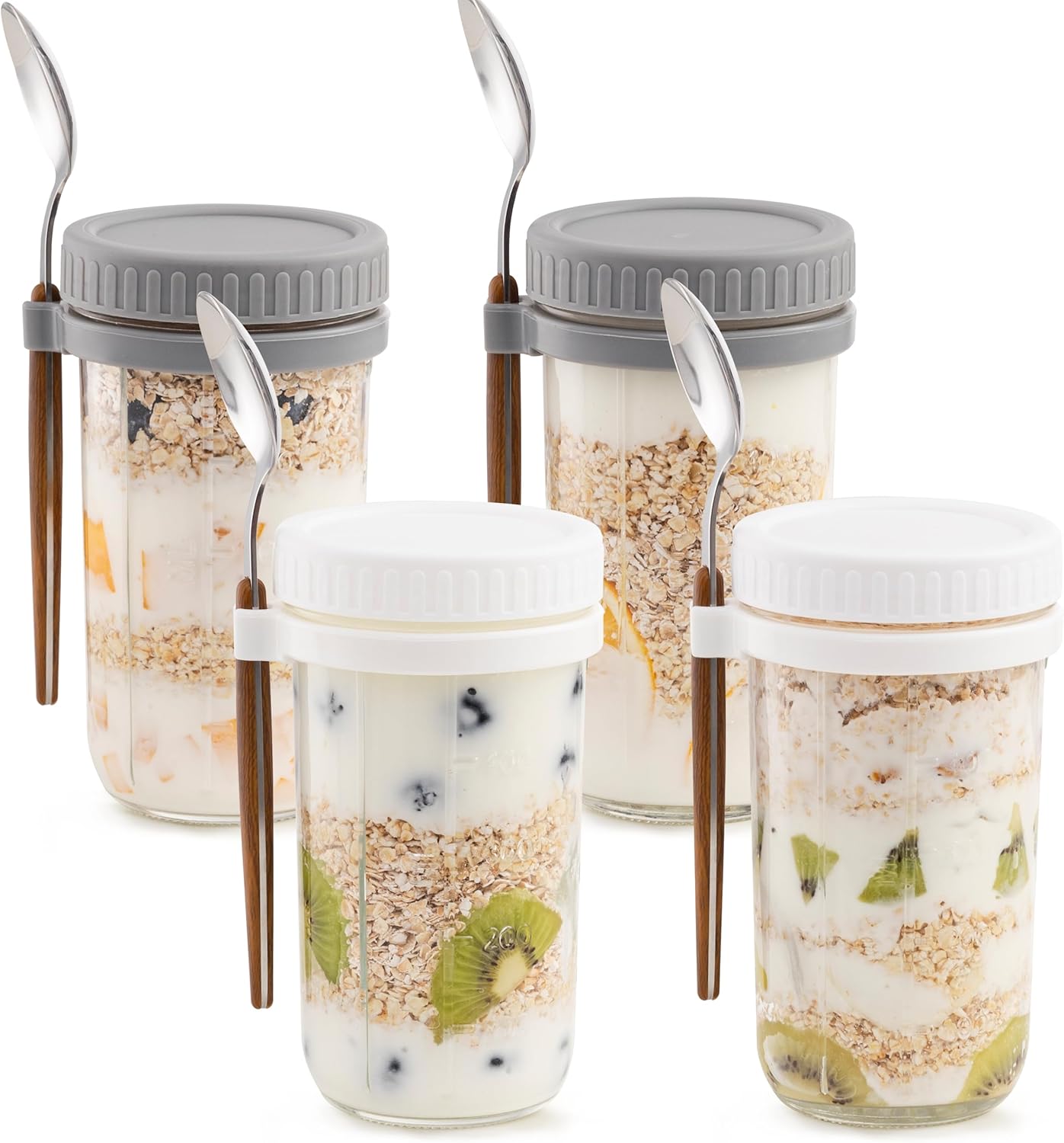 Paquete de 4 recipientes de avena con tapas herméticas y cucharas, tarros de vidrio de 21 onzas con marcas de medición, tarros de avena para