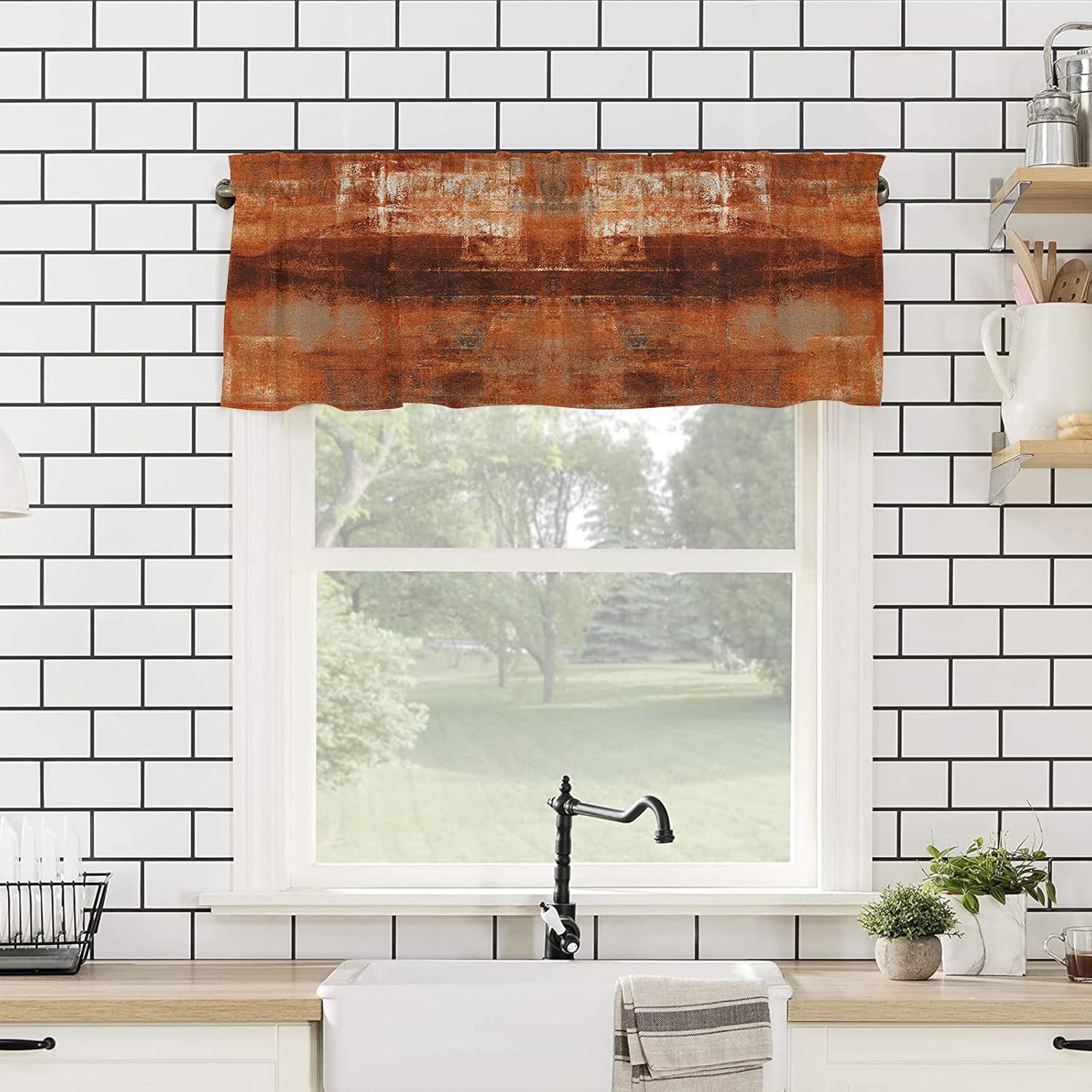 Cenefa de cortina para decoración de ventana de cocina, pintura al óleo retro geométrica naranja caramelo arte abstracto 54 x 18 pulgadas, cortinas