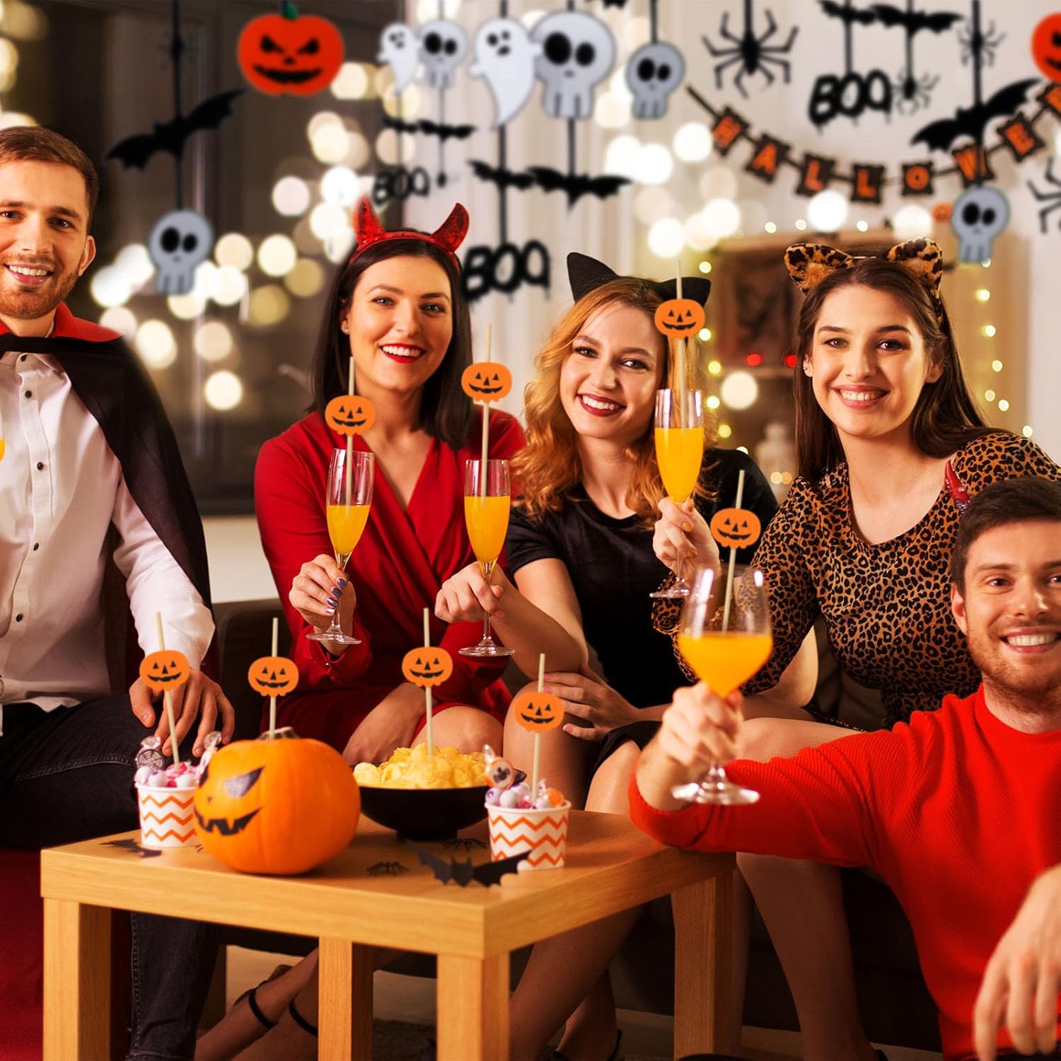 200 palillos de cóctel de calabaza de Halloween, brochetas de fruta fantasma de calabaza, palillos de comida de bambú para aperitivos de madera