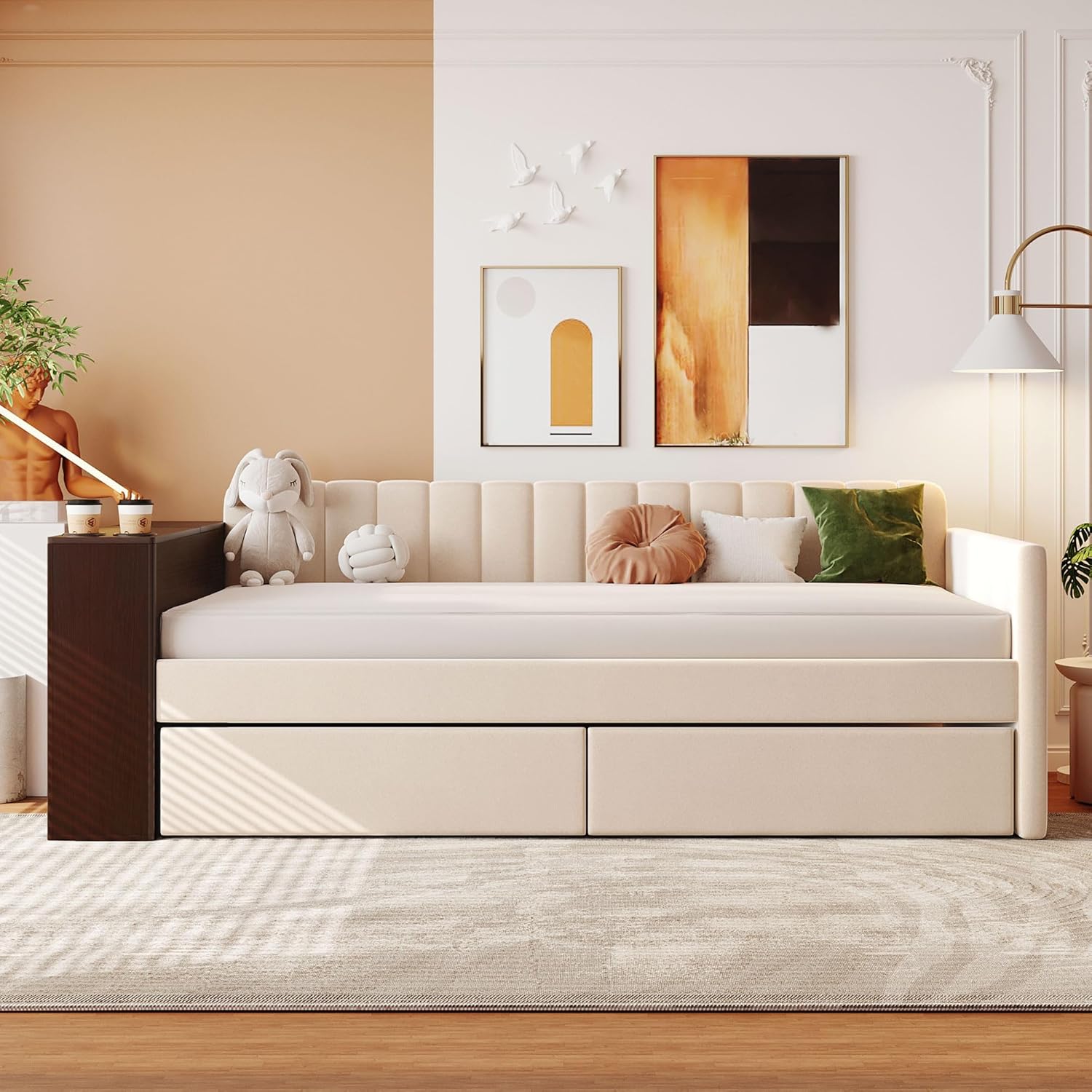 Sofá cama tapizado con reposabrazos de almacenamiento y 2 cajones, sofá cama multifuncional de terciopelo con portavasos y un juego de puertos USB y