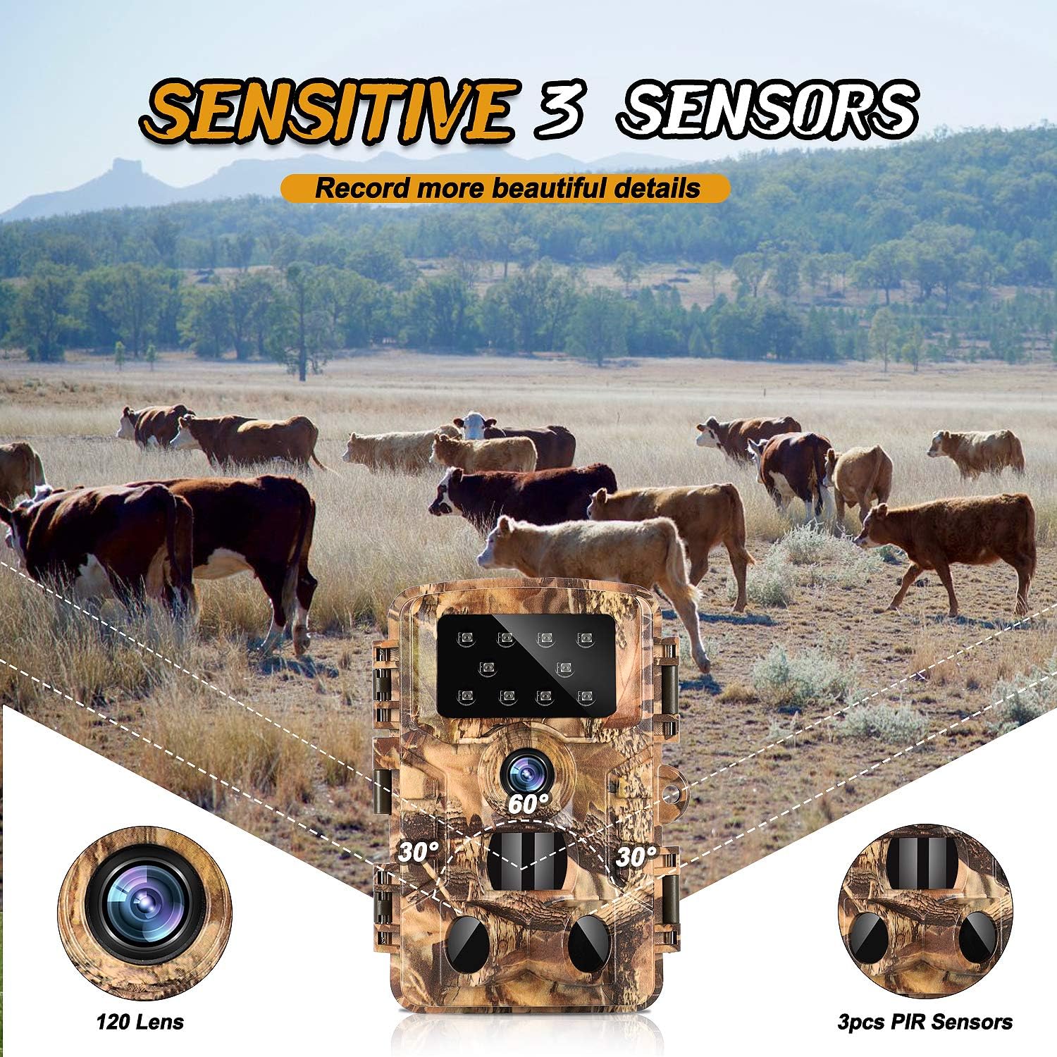 WISCOUTING Cámara de sendero, cámara de juego de 24 MP 1080P con 3 sensores infrarrojos, sensor de movimiento gran angular de 120, velocidad de
