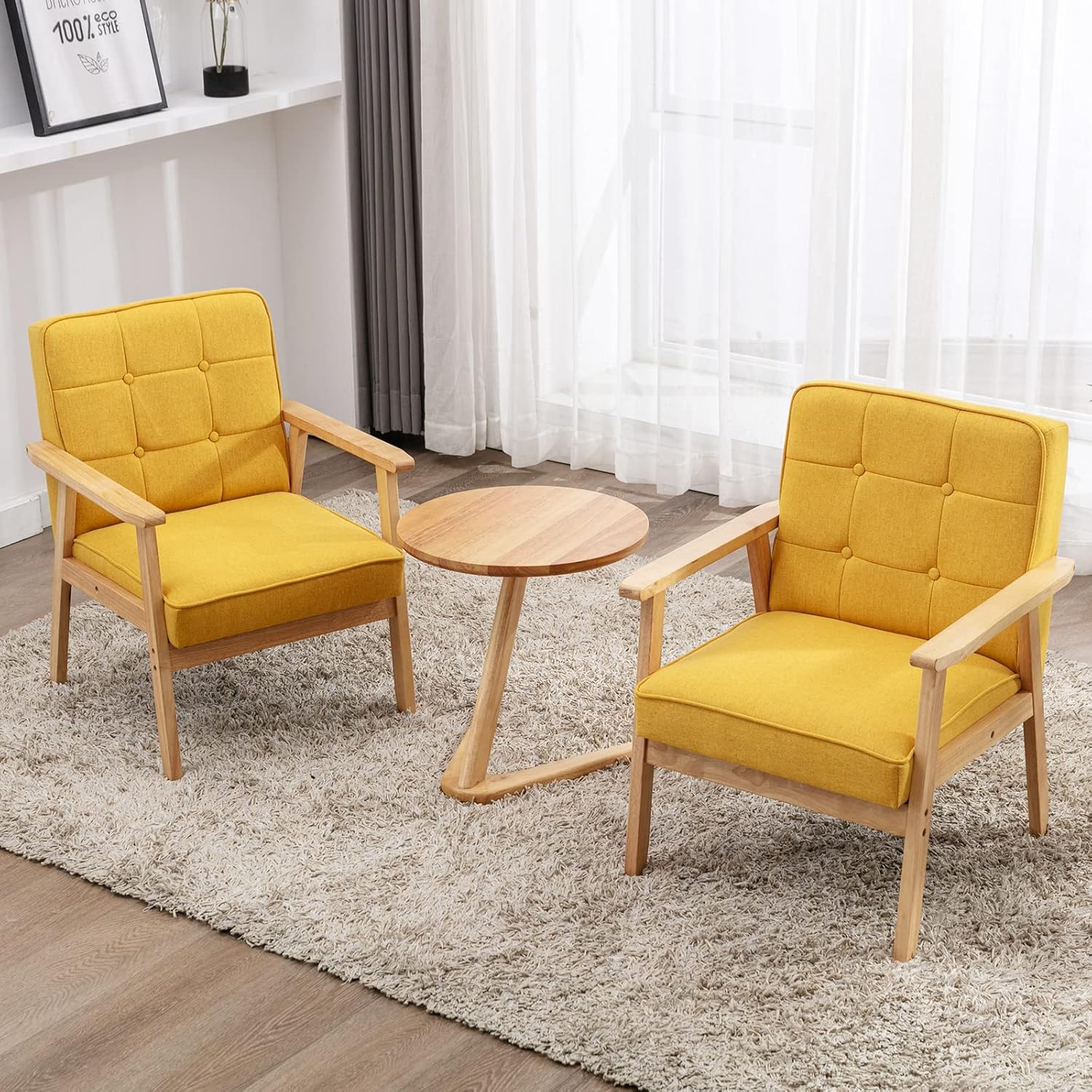 Okeysen Juego de 2 sillas decorativas, sillón retro de tela moderna de mediados de siglo para sala de estar, sofá individual de madera maciza con