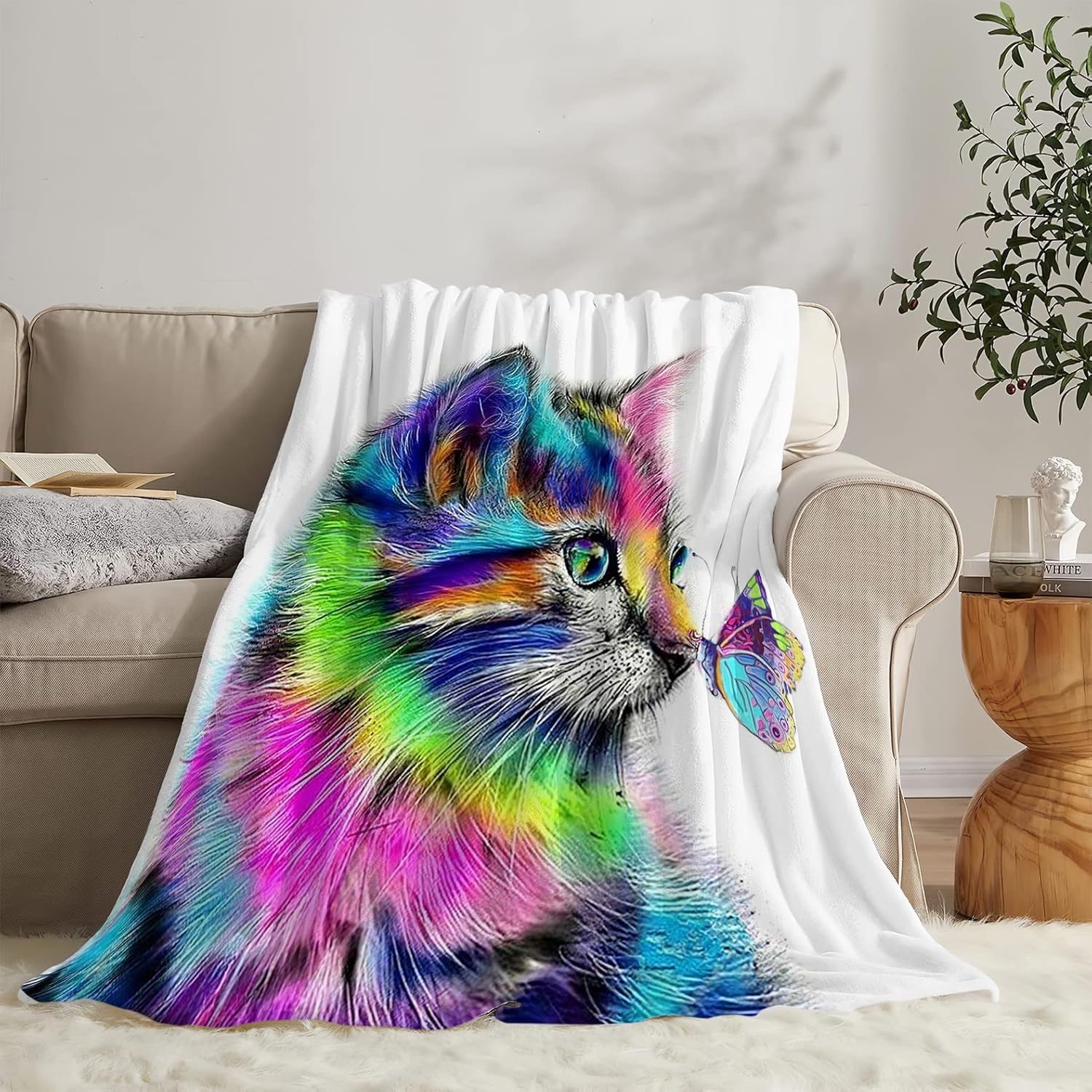 Manta de gato para niñas y mujeres, manta colorida de gato con mariposa, ultra suave y acogedora, manta de forro polar lindo para niños, amantes de