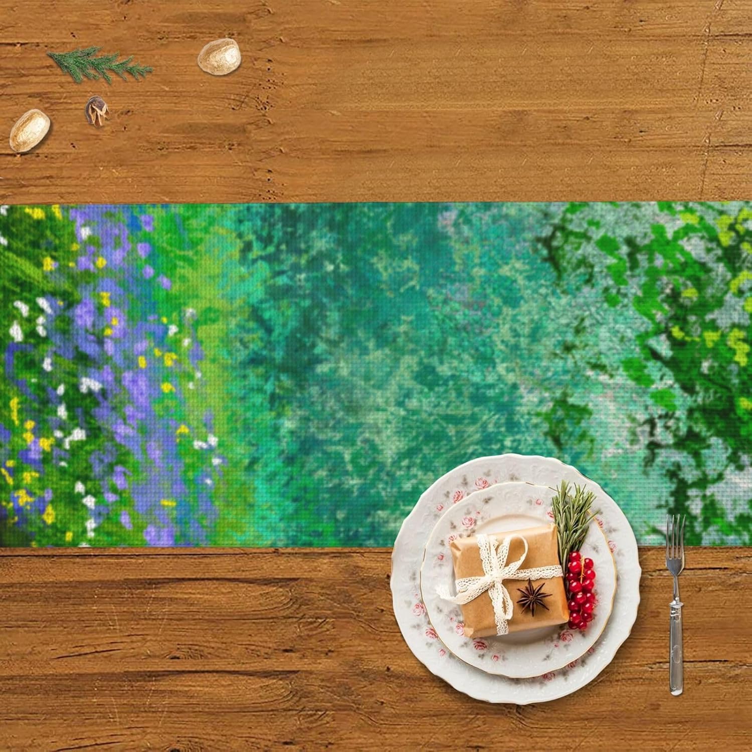 Camino de mesa de Navidad con bosque de árbol verde, decoración de mesa de comedor, decoración de Navidad, decoración de interiores del hogar,