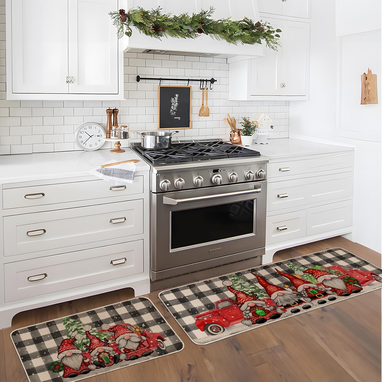 Juego de 2 alfombras de cocina de gnomo de Navidad con diseño de búfalo navideño, tapete de goma antideslizante para puerta de bienvenida para el