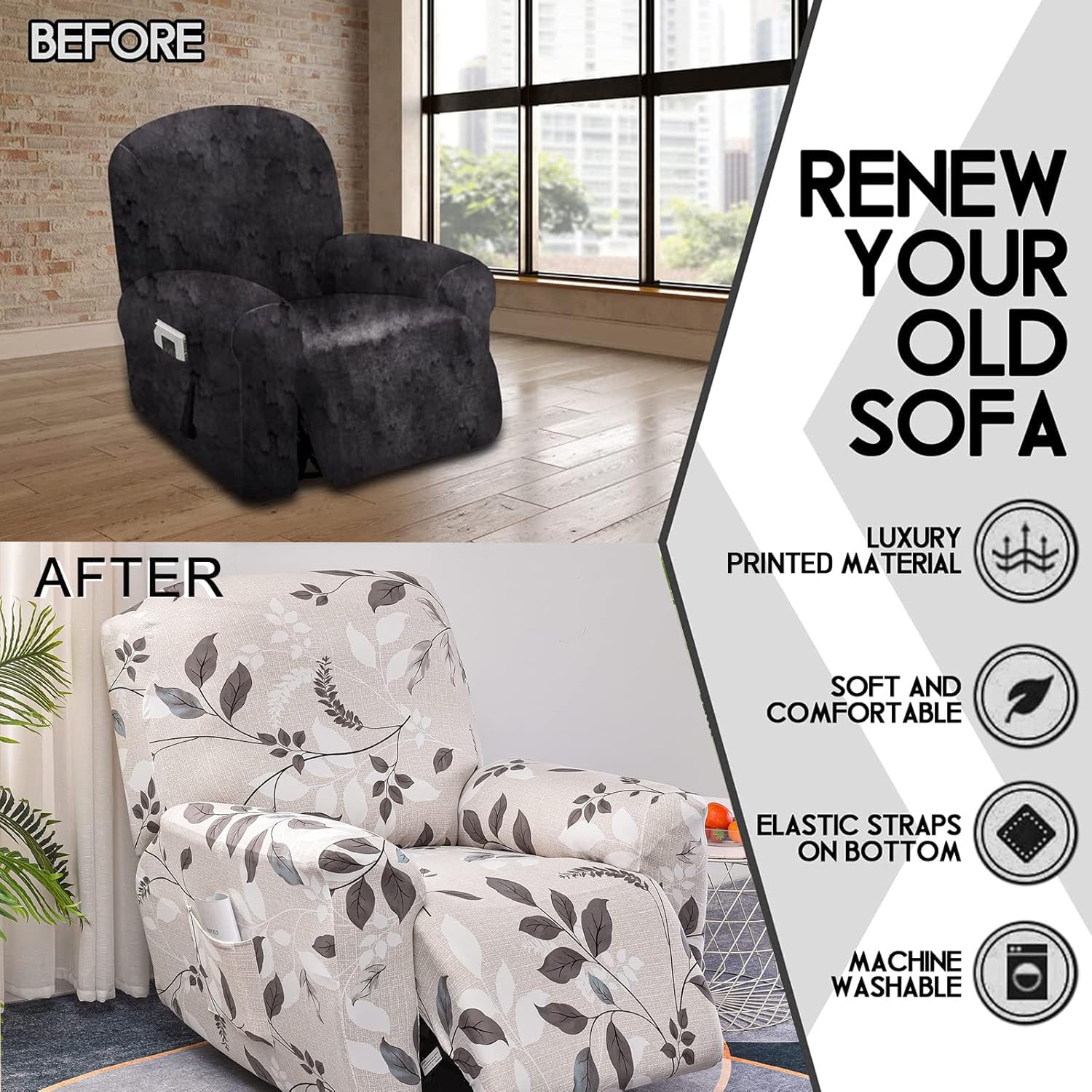 CRFATOP Funda reclinable con estampado floral y bolsillos, funda reclinable individual de 4 piezas para sillón reclinable Lazy Boy con parte