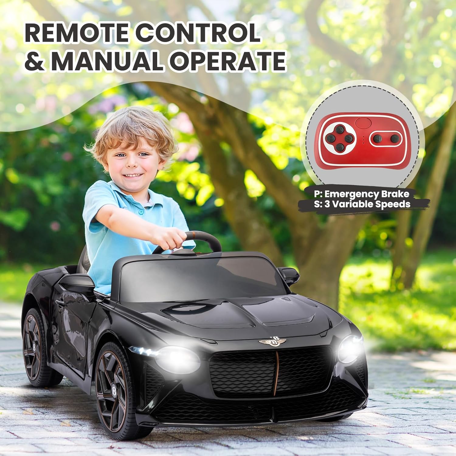 GAOMON Auto eléctrico Bentley Bacalar de 12 V, con licencia y control remoto para padres, 3 velocidades, puertas de tijera, música, LED, autos para
