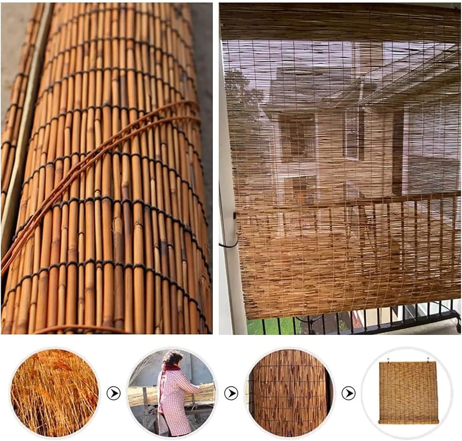 Persianas enrollables sin cordón retro para exteriores, de bambú, enrollables, romanas, para porche, persianas enrollables con junco, protección de