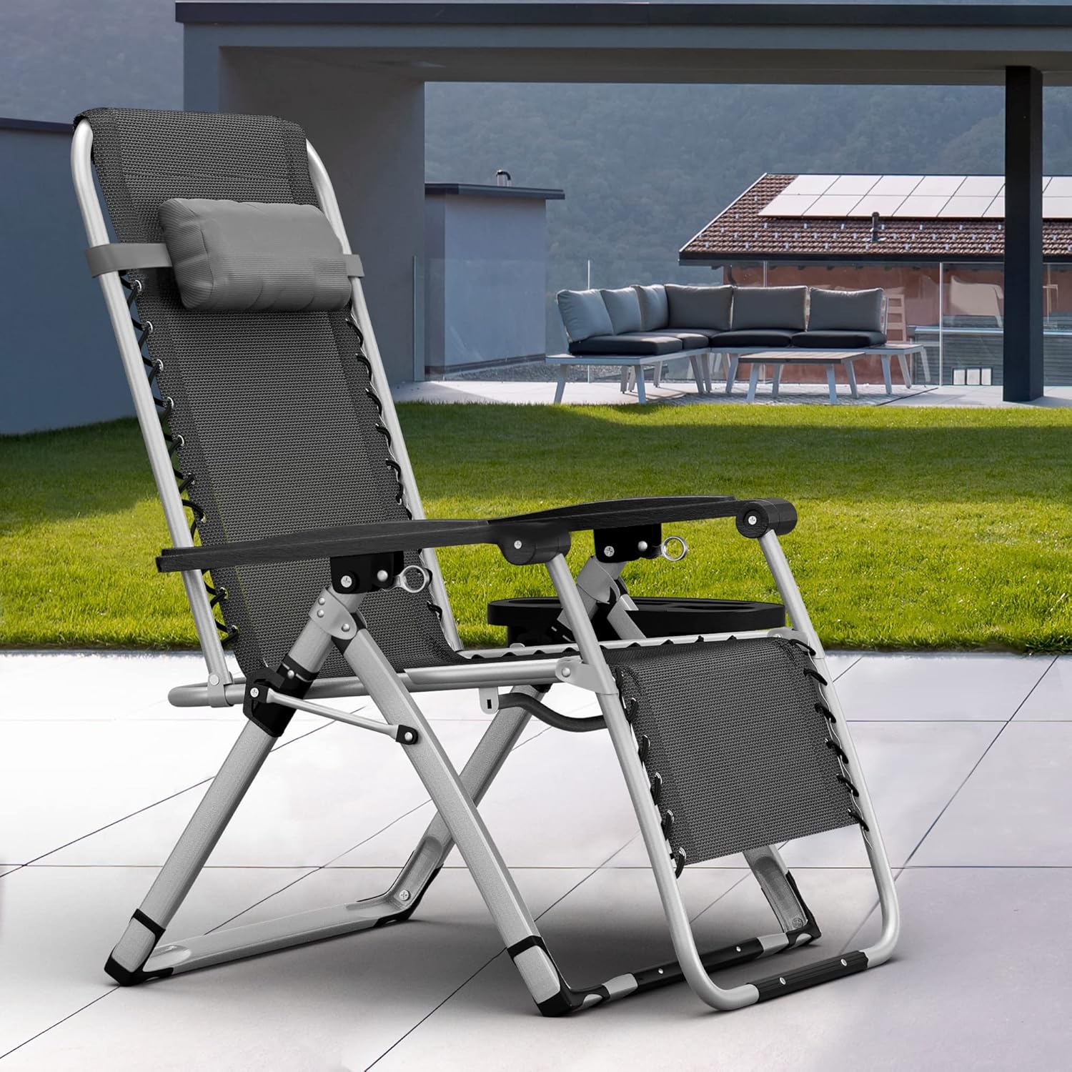 Elevens Silla de gravedad cero de gran tamaño, silla reclinable de 28 pulgadas con cojín y bandeja extraíbles, silla de patio con reposacabezas